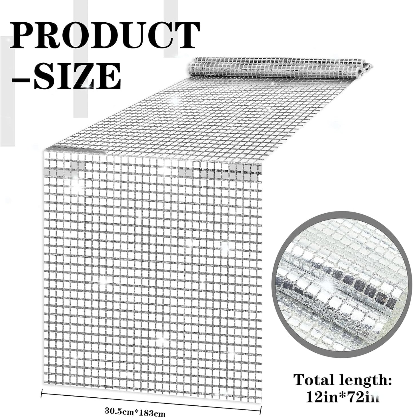 12 x 72 Inches Glitter Disco Table Runner - Retro 70s 80s Theme Decor - Silver Sequin - Bachelorette & Wedding Party Supplies