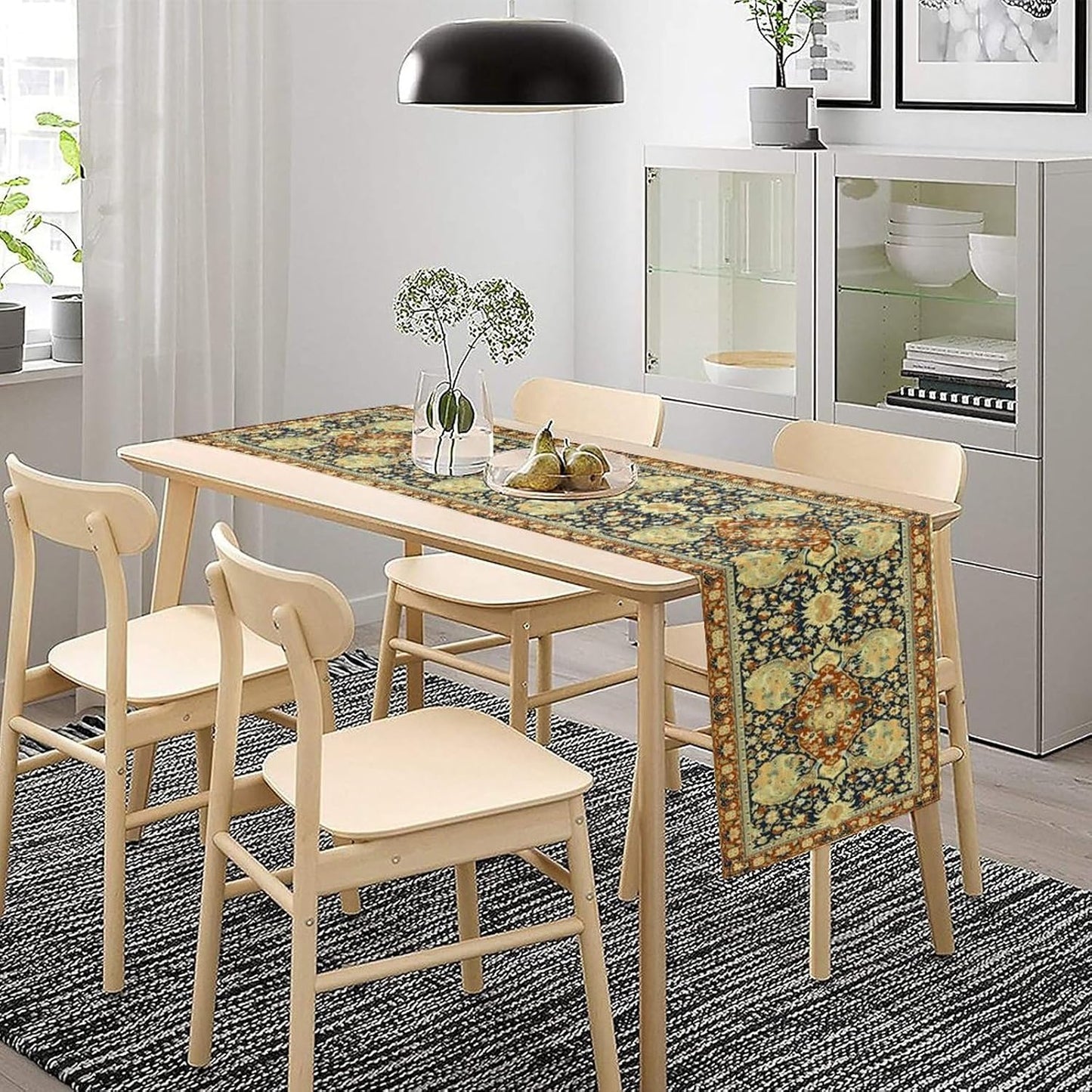 Vintage Boho Floral Table Runner, Elegant Luxurious Rustic Country Farmhouse Navy Blue Gold Retro Flower Pattern for Home Kitchen Table Decor Dining Coffee Room Party Decor 13x108in