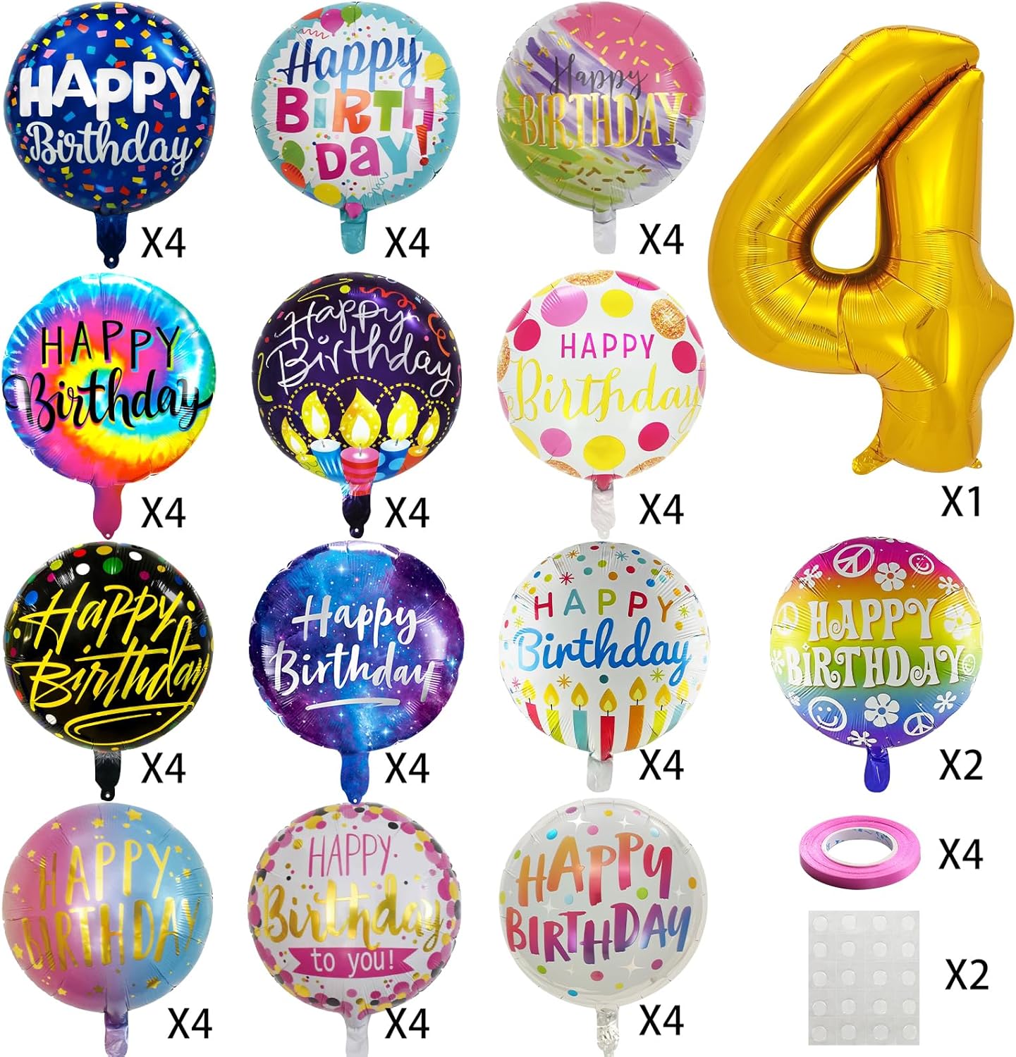 50 Pcs Happy Birthday Party Aluminum Foil Balloons and 4th Birthday Balloons, 18 Inch Round Aluminum Foil Balloon with" Happy Birthday" Sign, Birthday Party Decorations for Boys/Girls (4)