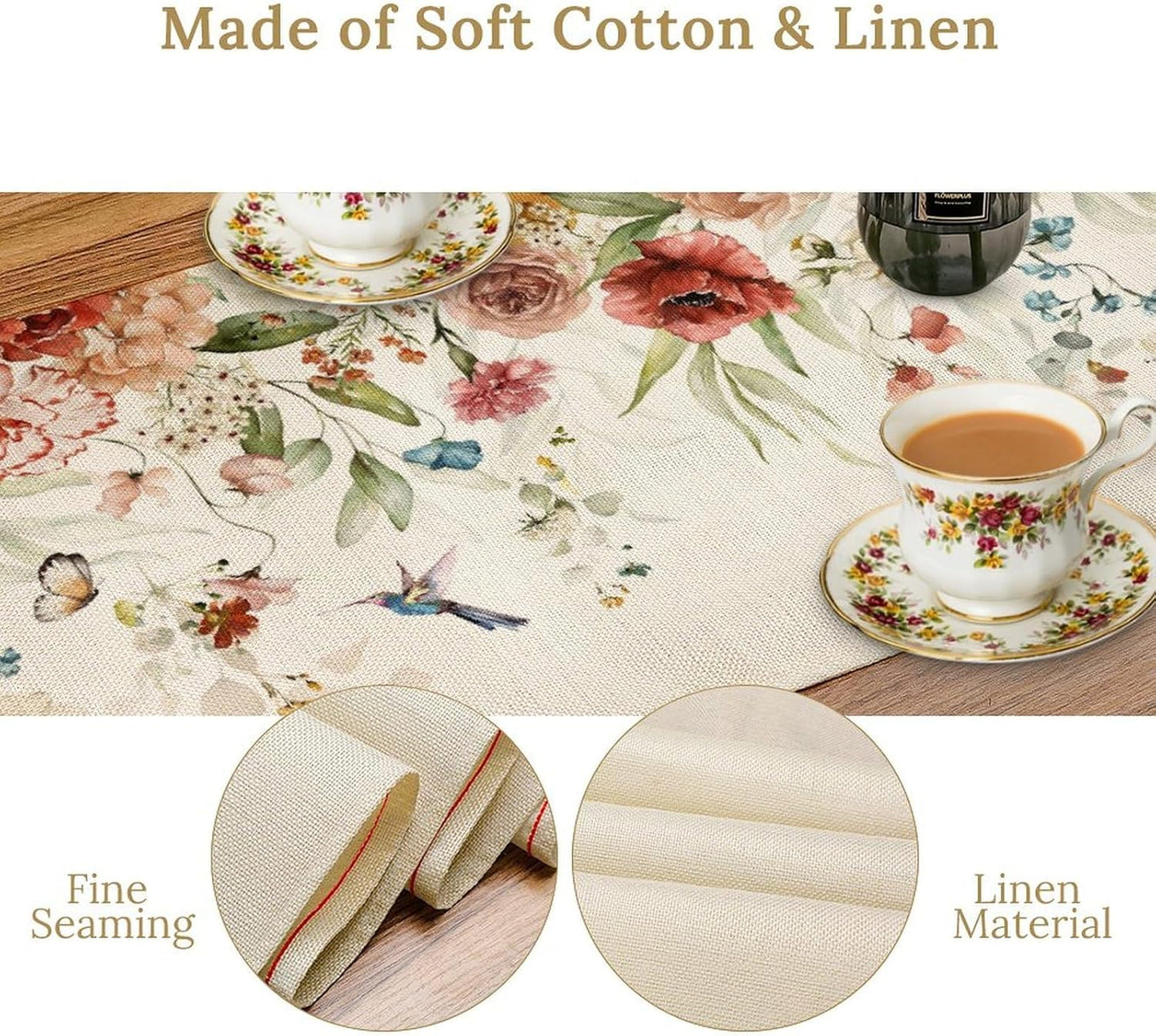 Rustic Floral Table Runner, Watercolor Flower Leaves Hummingbird Butterfly Farmhouse Kitchen Dinning Table Runner for Indoor Outdoor Home Wedding Party Holiday, 13x90 Inch