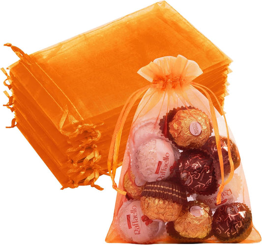 50 Pcs Orange Organza Bags 5x7 Inch, Small Mesh Drawstring Bags Organza Gift Bags Candy Bags Favor Bags for Birthday Party Halloween
