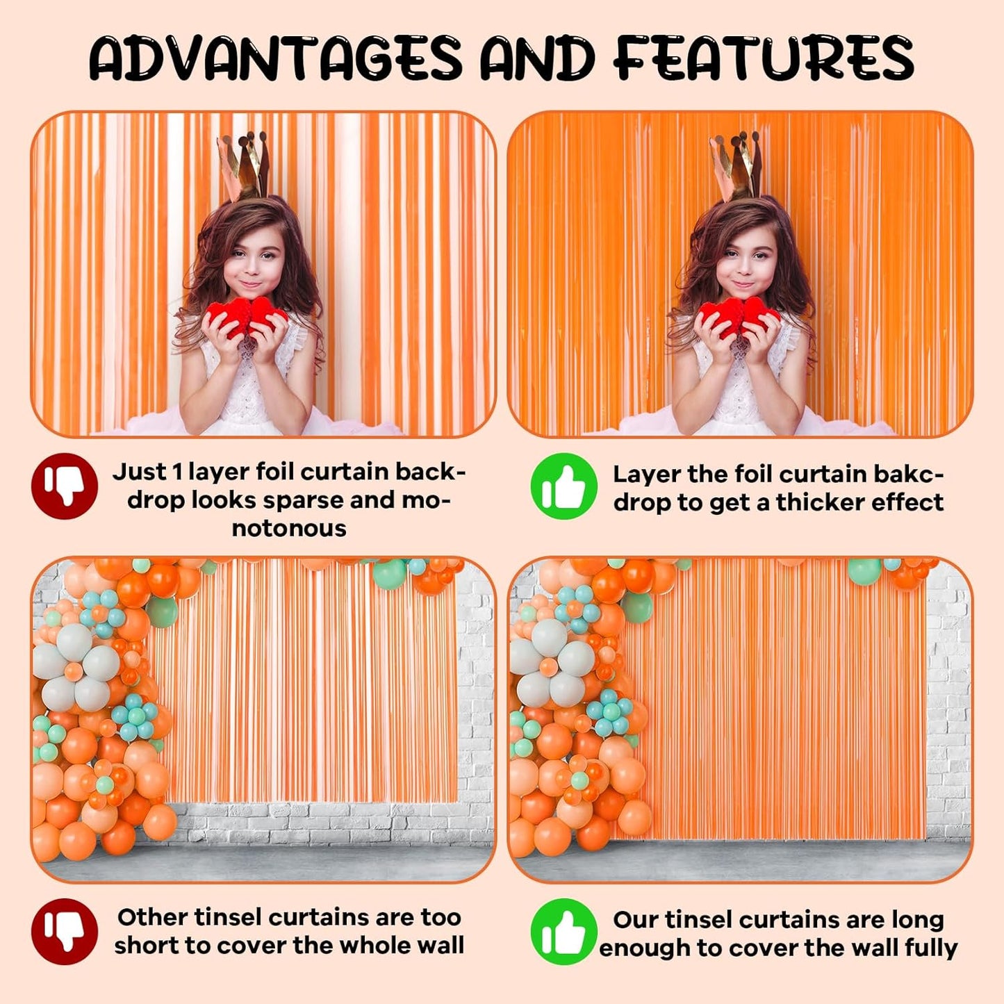 2 Pack Orange Foil Fringe Backdrop Curtains, Tinsel Streamers Birthday Party Decorations, Fringe Backdrop for Graduation, Baby Shower, Gender Reveal, Disco Party