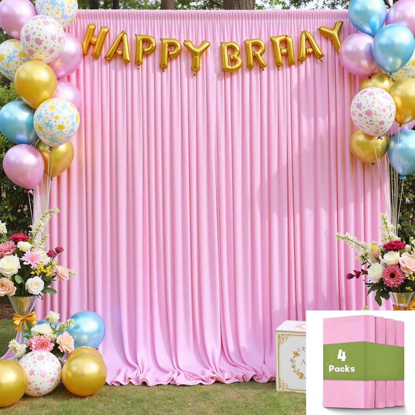 20ftx10ft Wrinkle Free Pink Backdrop Curtain for Parties, 4 Panels Silky Polyester Photo Backdrop Drapes Back Drop Cloth for Wedding Birthday Photography Background Baby Shower Decor