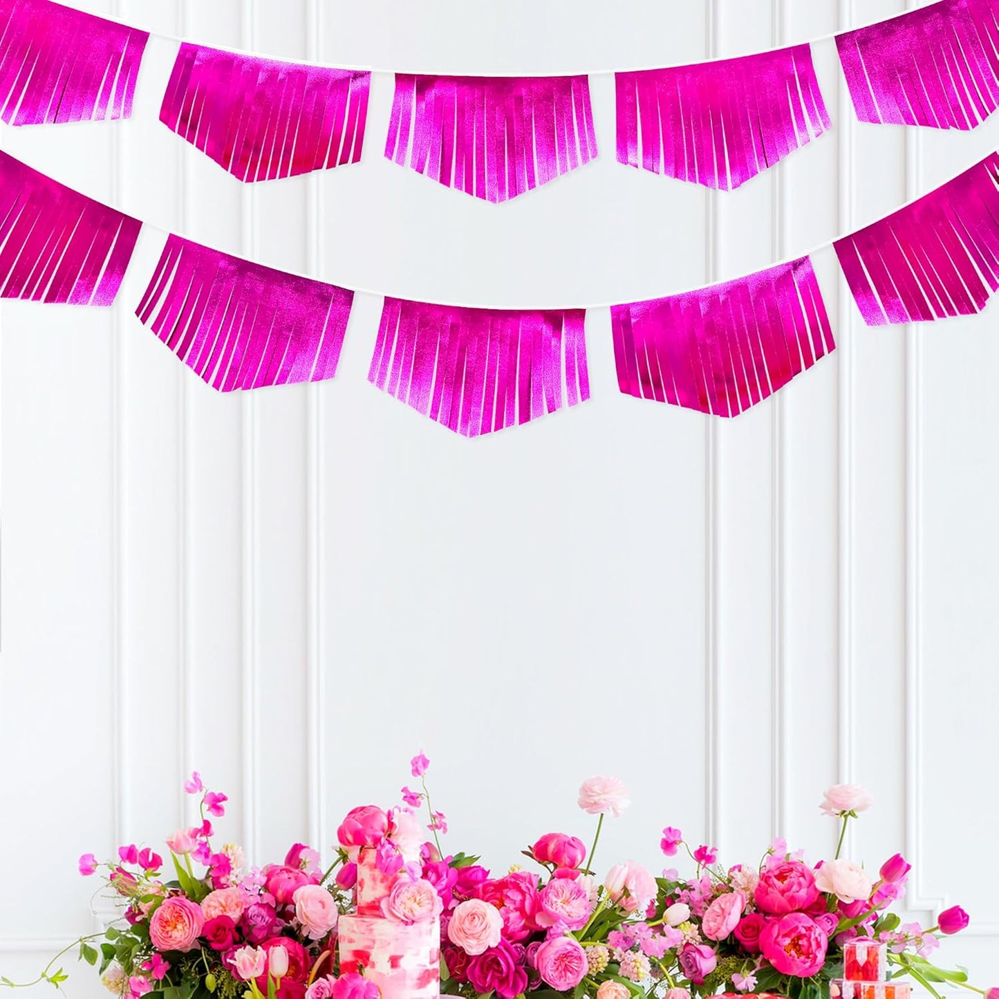 Hot pink Tassel Banner Double Sided Metallic Fabric Pennant Bunting Flag Garland for Birthday Bachelorette Anniversary Engagement Wedding Bridal Shower Graduation Pink Girl Party Decorations Supplies