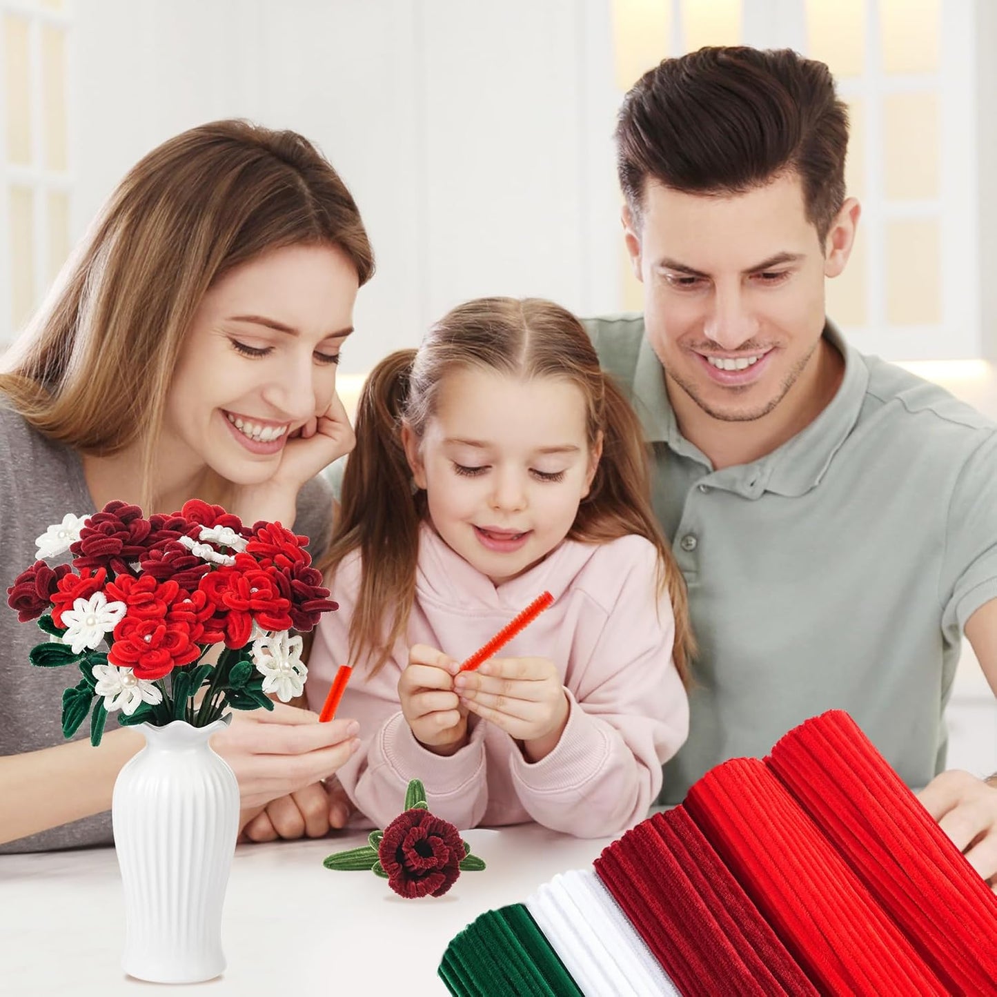 400 Pcs Red Pipe Cleaners for Crafts, 4 Colors Soft Chenille Stems Bulk with Floral Wires, Gardening Tape,Hot Glue Stick，Greeting Card,Bouquet Paper, Pearl & Ribbon, Flowers Craft kit for Christmas