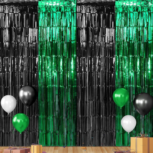 3Pack 3.3Ft x 6.6Ft Graduation Foil Fringe Curtain Backdrop Decorations, Green Black Metallic Tinsel Foil Streamers Curtain Photo Booth Background for Graduation Prom Wedding Birthday Party Decoration
