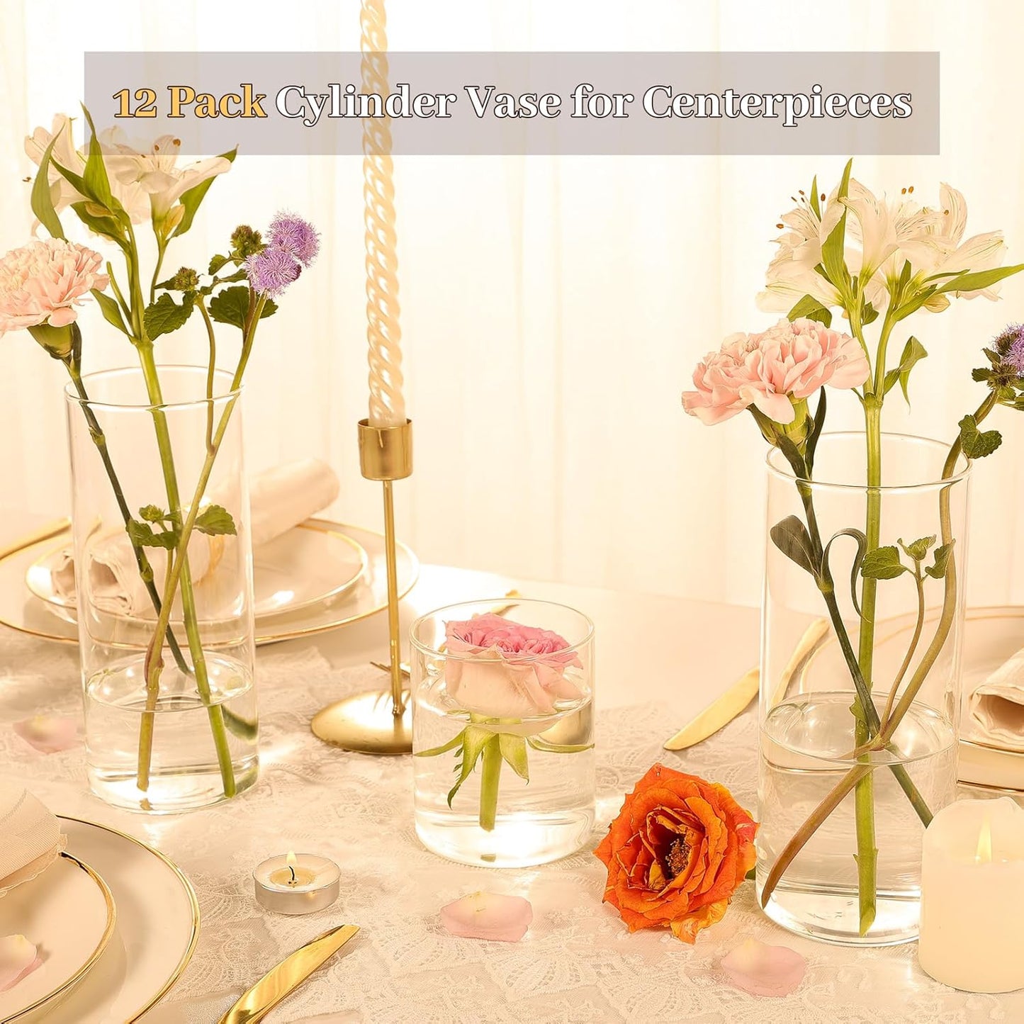 12Pcs Glass Cylinder Vases 8 Inch Tall Clear Flower Vases for Centerpieces Wedding Decoration, Hurricane Floating Candle Holder for Party Table Home Decor
