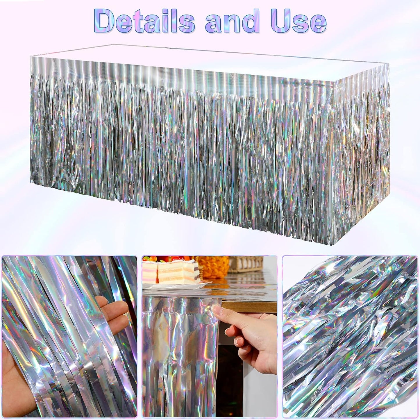8 Pack Iridescent Table Skirt, Metallic Foil Fringe Tinsel Table Skirts for Rectangle Tables, Disposable Laser Rainbow Table Skirt Iridescent Party Decorations for Birthday Wedding Holiday, 29x108Inch
