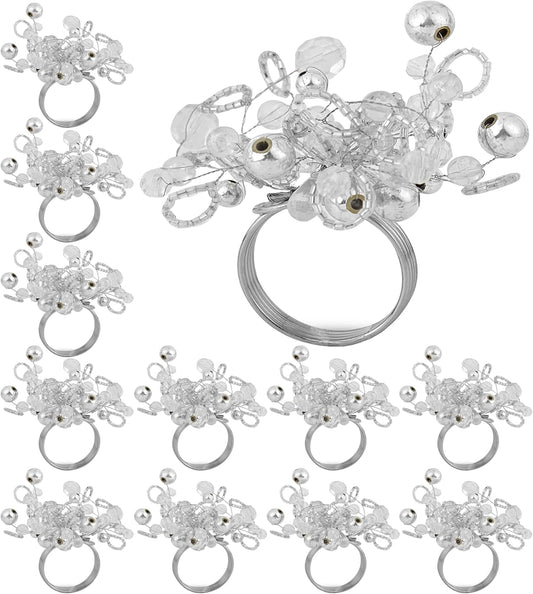 Decorative Napkin Ring Set of 12 - Handmade Glass Beads Napkin Holders for Table Setting Elegant Dining Accessory Round Heavy Duty Metal Frame Wedding & Party Table Décor (Silver) - CLEENTABLE
