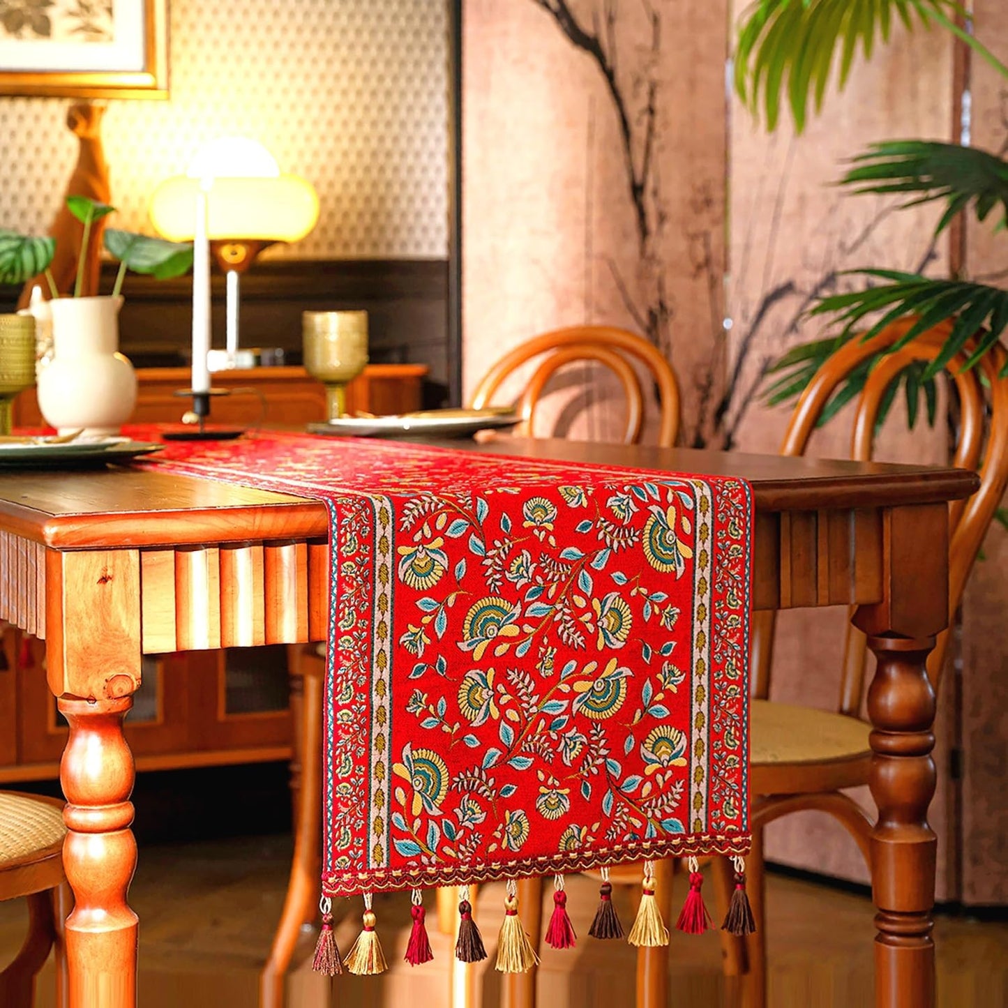 13×72 Inch Table Runner, Retro-Luxury Tassels Series for Kitchen Dining Table Holiday Decoration (Red Branch)