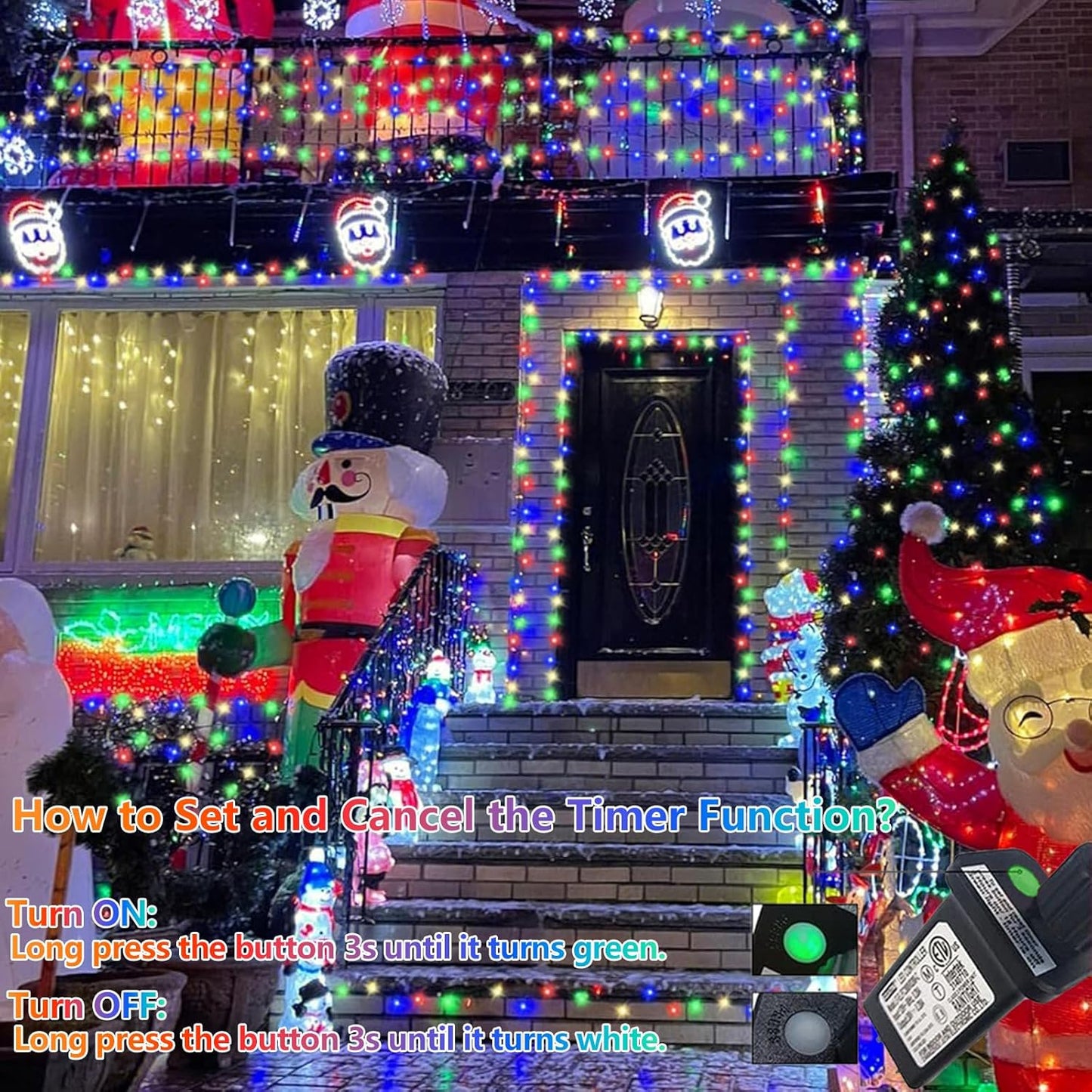 YEGUO 66ft 200 LED Christmas Light Outdoor Waterproof, 8 Modes String Lights Multicolor, Green Wire Twinkle Tree Light Plug in with Timer Memory