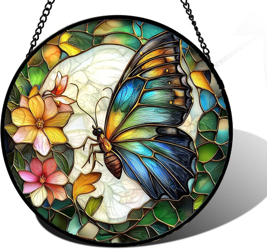 Stained Glass Window Hanging, Butterfly Flower Sun Catchers Diamond Glass Panel Hangings Insect Suncatcher Decor for Birthday for Women, Men, Wife, Aunt, and Mom 11.8x11.8 in