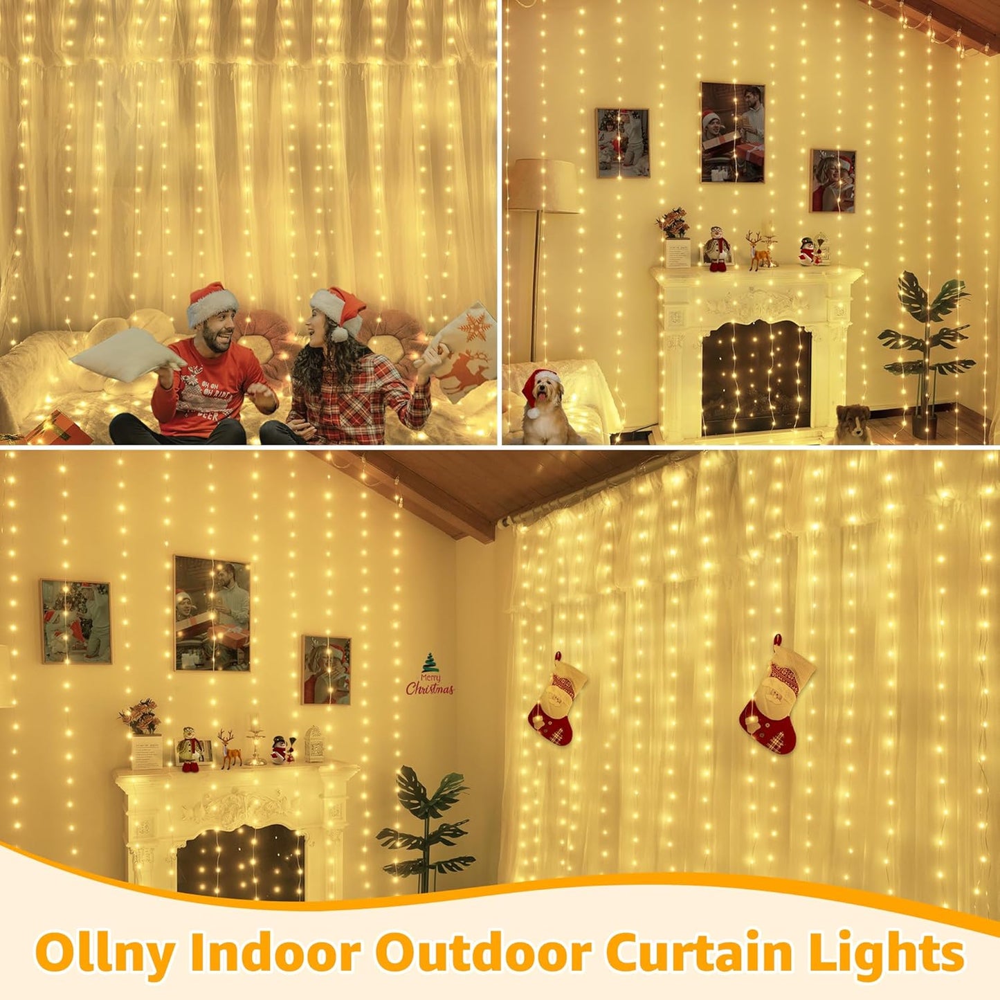 Ollny Curtain Lights 600LED 19.7ft x 9.8ft, IP67 Waterproof Outdoor Curtain Rice Lights with Remote, Plug-in Untangle Rice Curtain Light with 8 Modes 3 Timers for Wall Backdrop Decor(Warm White)
