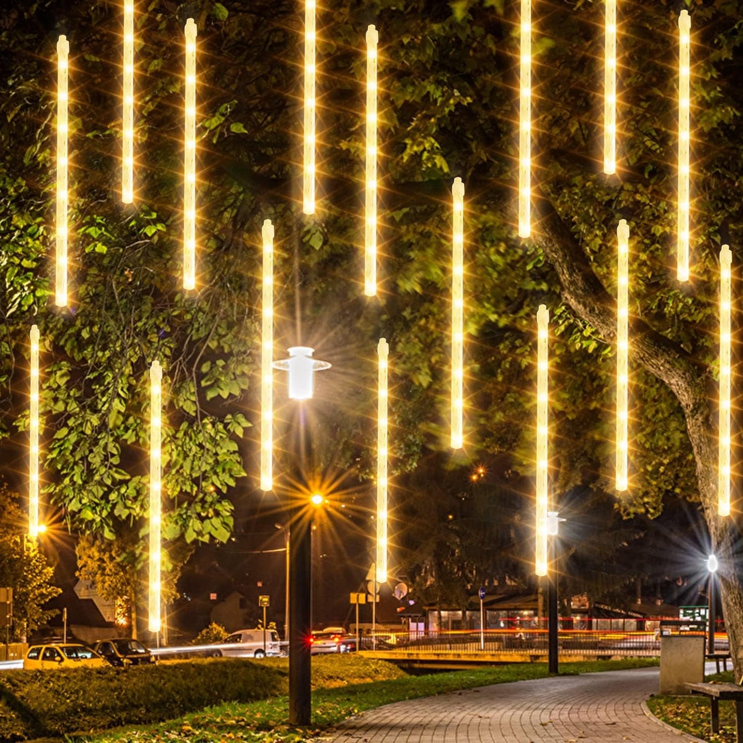 Dazzle Bright Christmas Lights Outdoor, 288LED Meteor Shower Rain Lights 12 Inch 8 Tubes, Waterproof Plug in Falling Icicle Light Christmas Decorations for Xmas Tree Yard House Decor (Warm White)