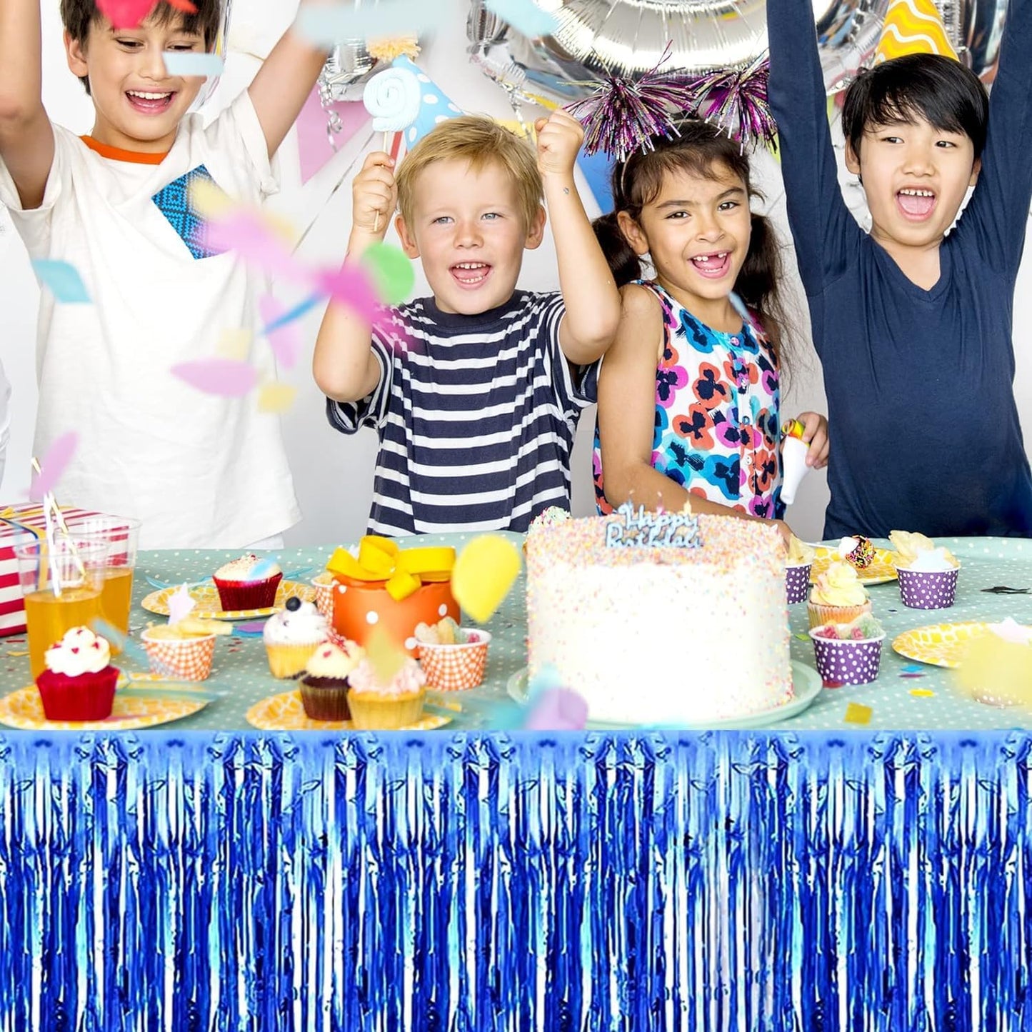 4P Metallic Foil Fringe Tinsel Table Skirts for Rectangle Tables Backdrop Banner Tinsel Streamer Garland Curtains for Parade Floats Wedding Graduation Anniversary Birthday Parties Decoration (Blue)