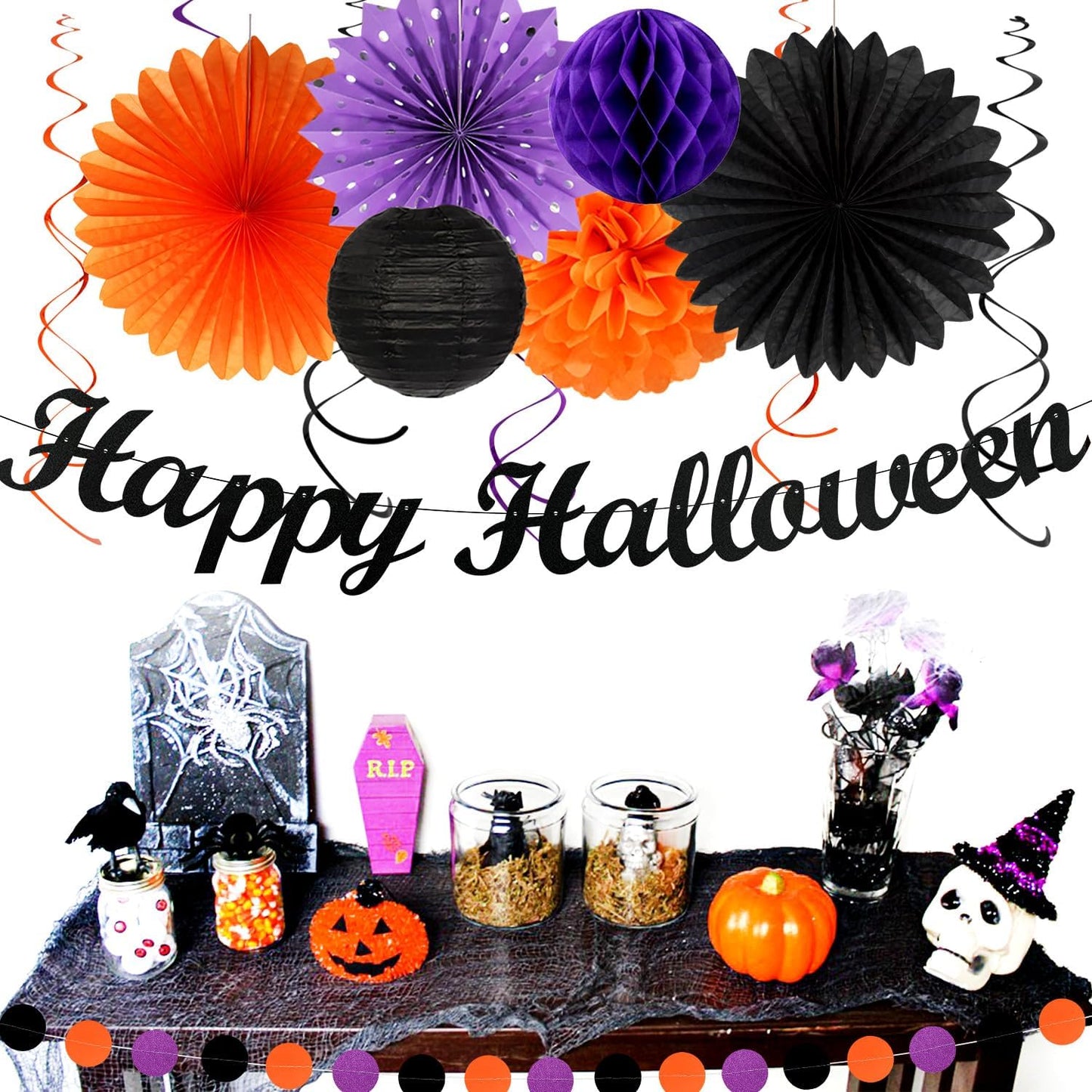 Black-Purple Orange Happy-Halloween Party-Decorations - 21pcs Birthday Banner,Paper Lanterns Honeycomb,Tissue Pom Poms Flower Fan,Kids Classroom Hanging Streamers Garland Decor Supplies Huglony
