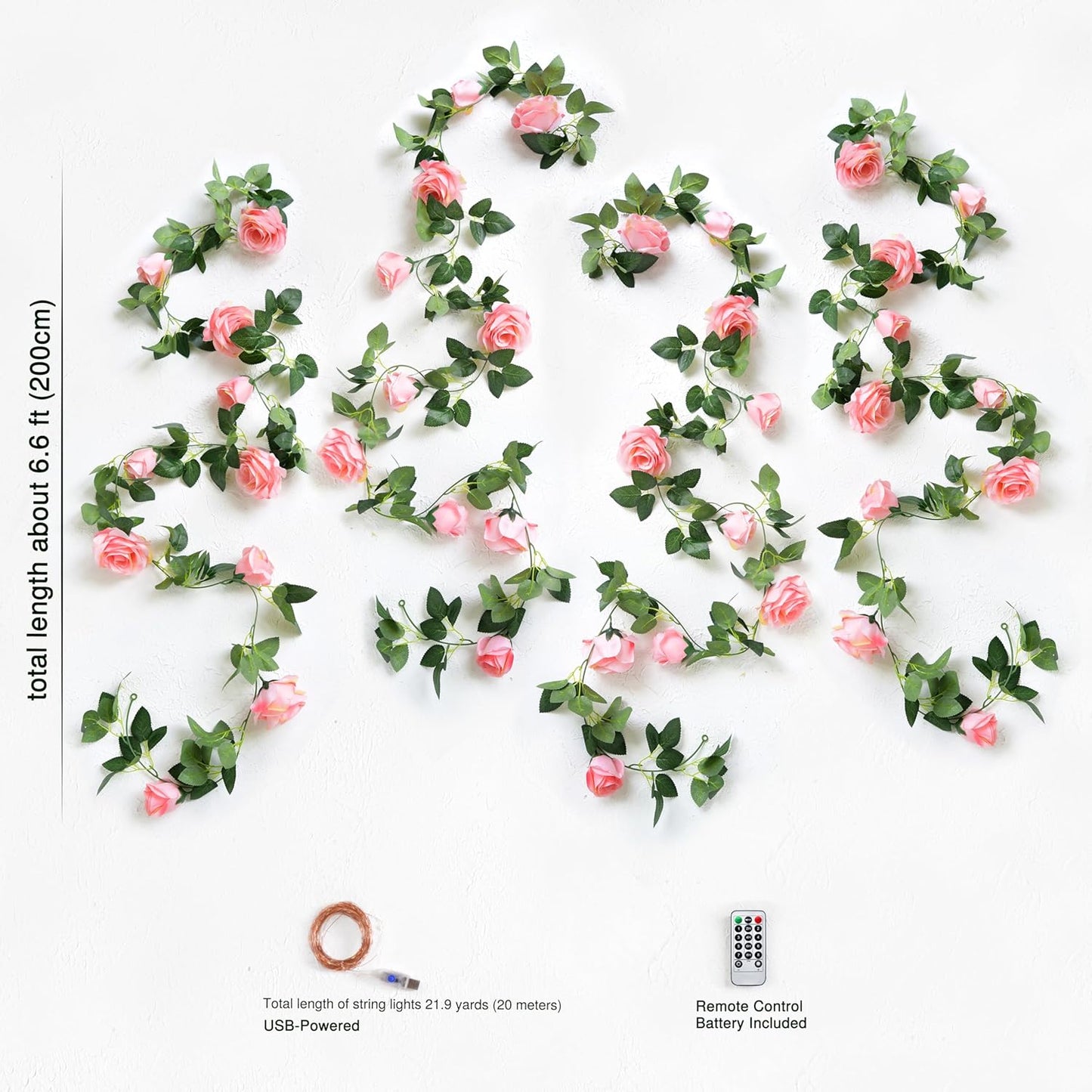 FiveSeasonStuff 29 Ft 4 Pack Amaranth Light Pink Rose Silk Flower Garland Artificial Flowers Decoration Hanging Floral with 66 feet String Lights