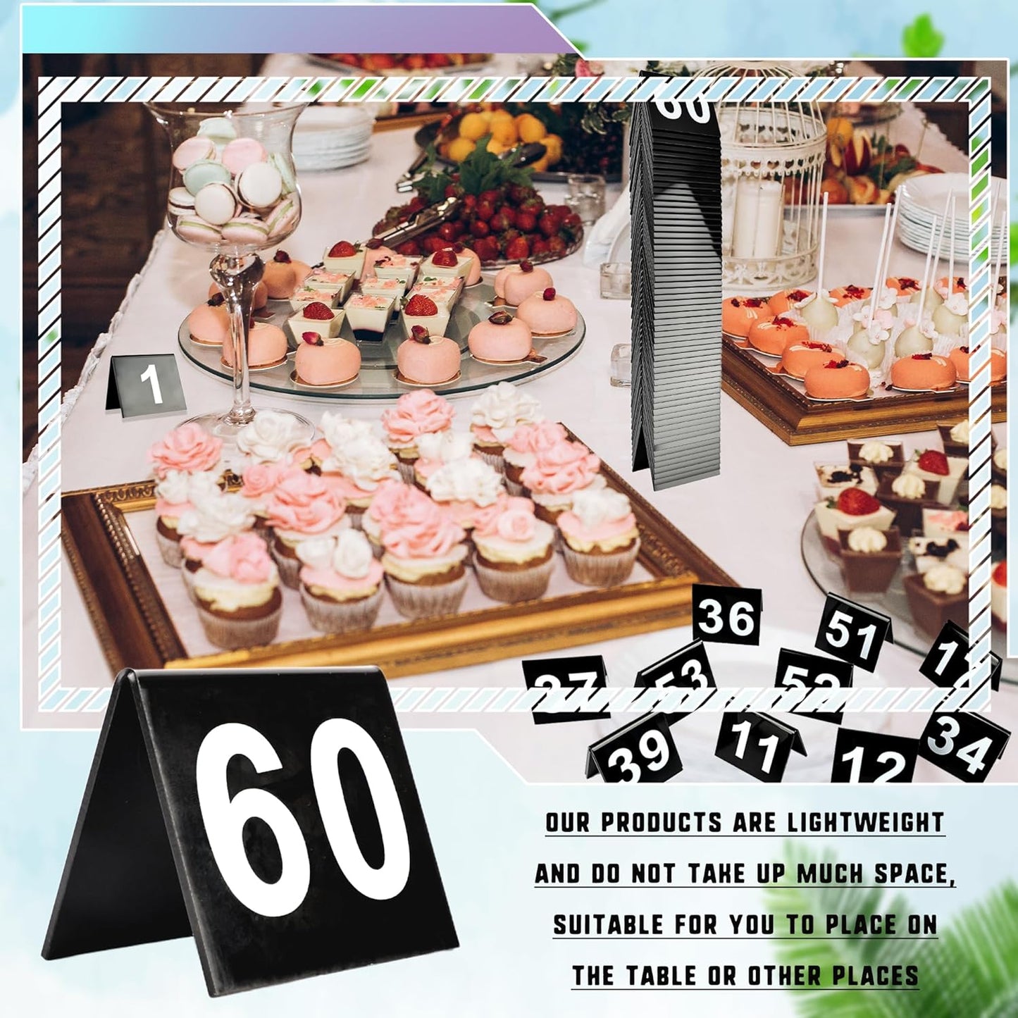 60 Pcs Black Acrylic Table Numbers 1-60 Double Sided Restaurant Table Order Number Wedding Numbers Cards for Party Banquets Service Receptions