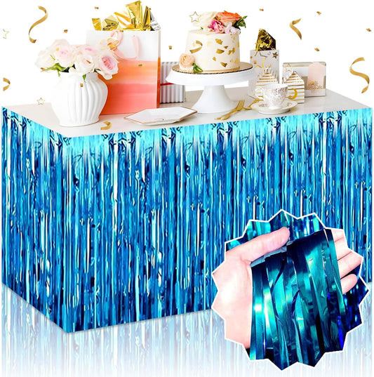 3 Pack 29 x108 Inch Lake Blue Foil Fringe Table Skirts Metallic Banner for Tinsel Streamer Garland Backdrop for Parade Floats Mother's Day, Graduate, Birthday, Wedding Party Decoration