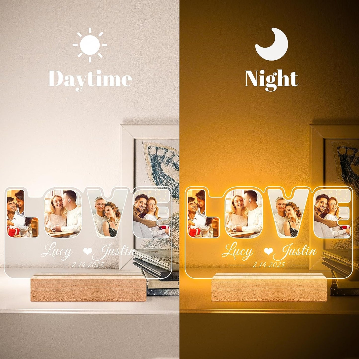 Custom Picture Frames with Photos, Personalized Photo Frame with Night Light, Customized Picture Frame, Personalized Anniversary Wedding Gifts for Women Men Her Him Boyfriend Girlfriend Couples