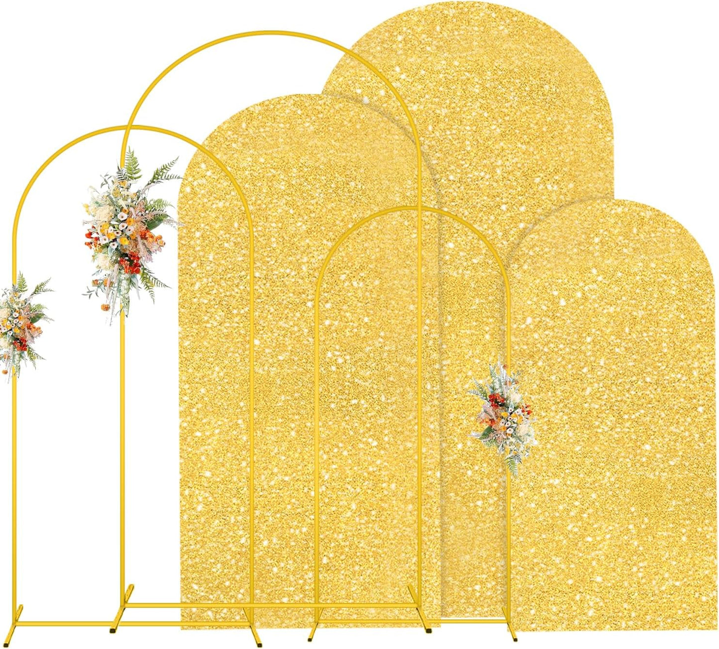 MODFUNS Arch Backdrop Stand and Cover Set 4&5&6ft Gold Sequin Arch Stand Cover Metal Arch Frame Vintage Backdrop Stands for Baby Shower Birthday Party Ceremony Decoration