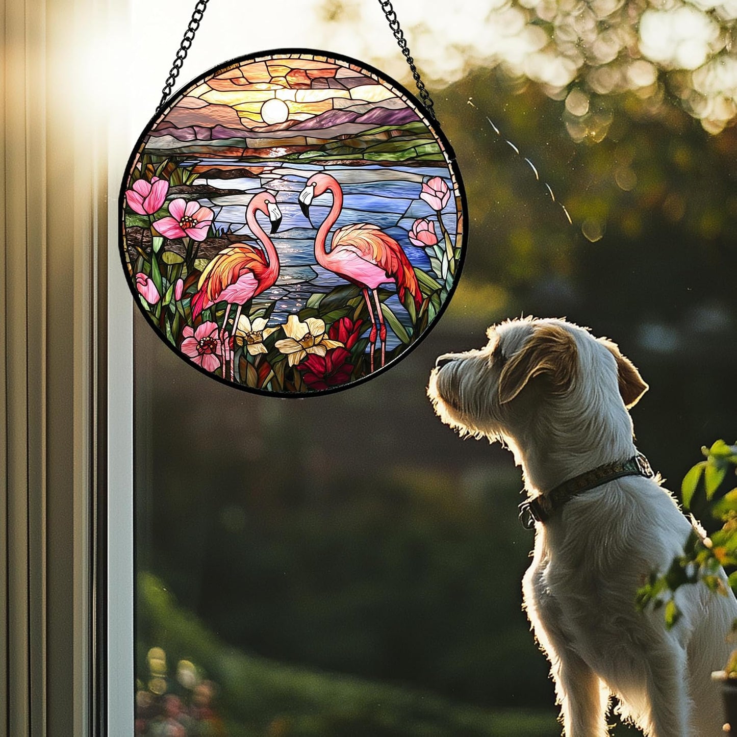 Stained Glass Window Hanging - Flamingo Wildflowers Landscape Suncatcher for Door Terrace Garden Home Decor Sunset Lake Sun Catcher Birthday Gifts for Lovers Women Men Dad Mom Nana 11.8 in
