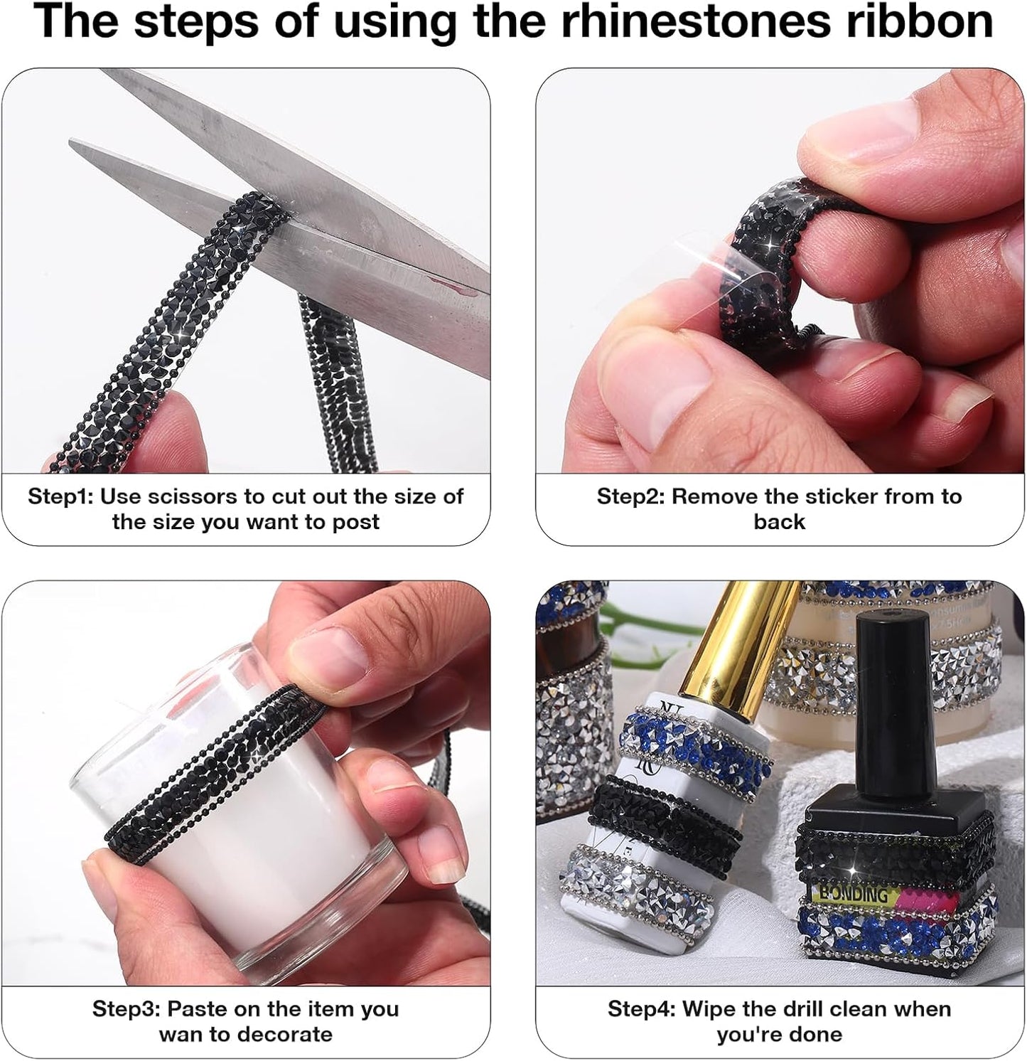 Black Rhinestone Ribbon 3 Yards Self Adhesive Rhinestone Strips Diamond Ribbon Sticker Crystal Roll Glitter Bling Rhinestones Tape for Crafting DIY Art Decoration (0.4 Inch)