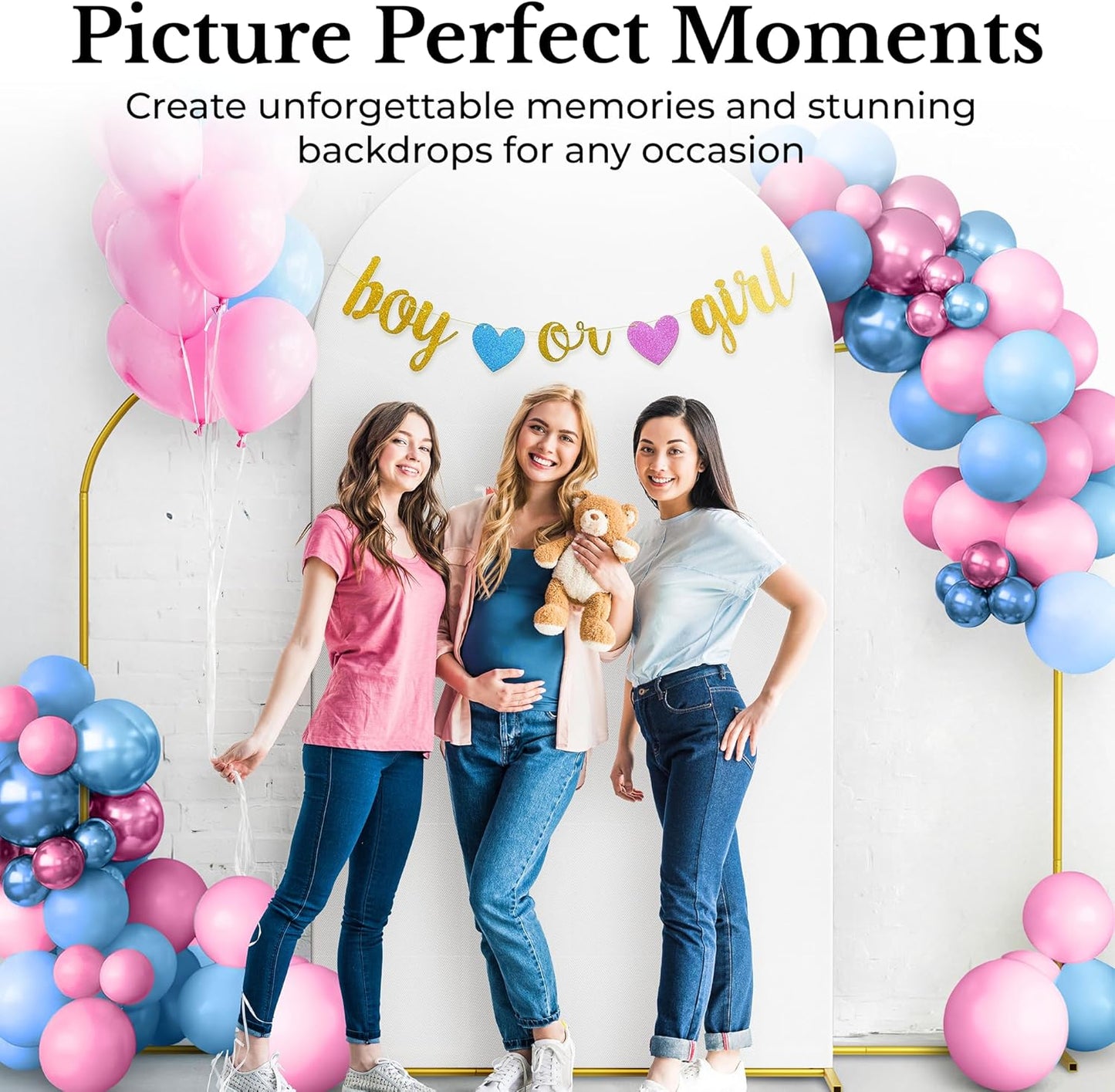 Metal Arch Backdrop Stand and Cover Set – 3 Gold Frames (7.2ft, 6ft x2) with White Wrinkle-Free Spandex Covers, Water Weights, Bags & Case – Wedding, Birthday, Baby Shower, Party Decor