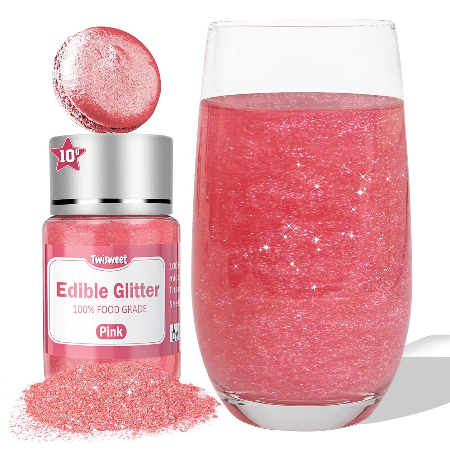 Twisweet Pink Edible Glitter for Drinks, Food Grade 10g Sparkling Sprinkles Cake Decorating Supplies, Edible Luster Dust for Cocktail Beverages, Food Coloring Shimmer Powder for Cupcakes Cookies Cake Decorations