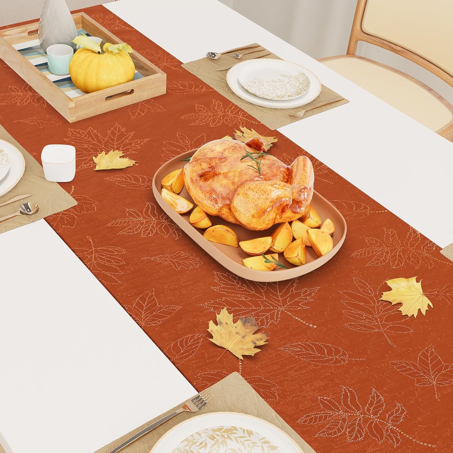 Smiry Fall Table Runner - 13x72 Inch Autumn Leaves Damask for Harvest Parties and Thanksgiving Dinner, Rust