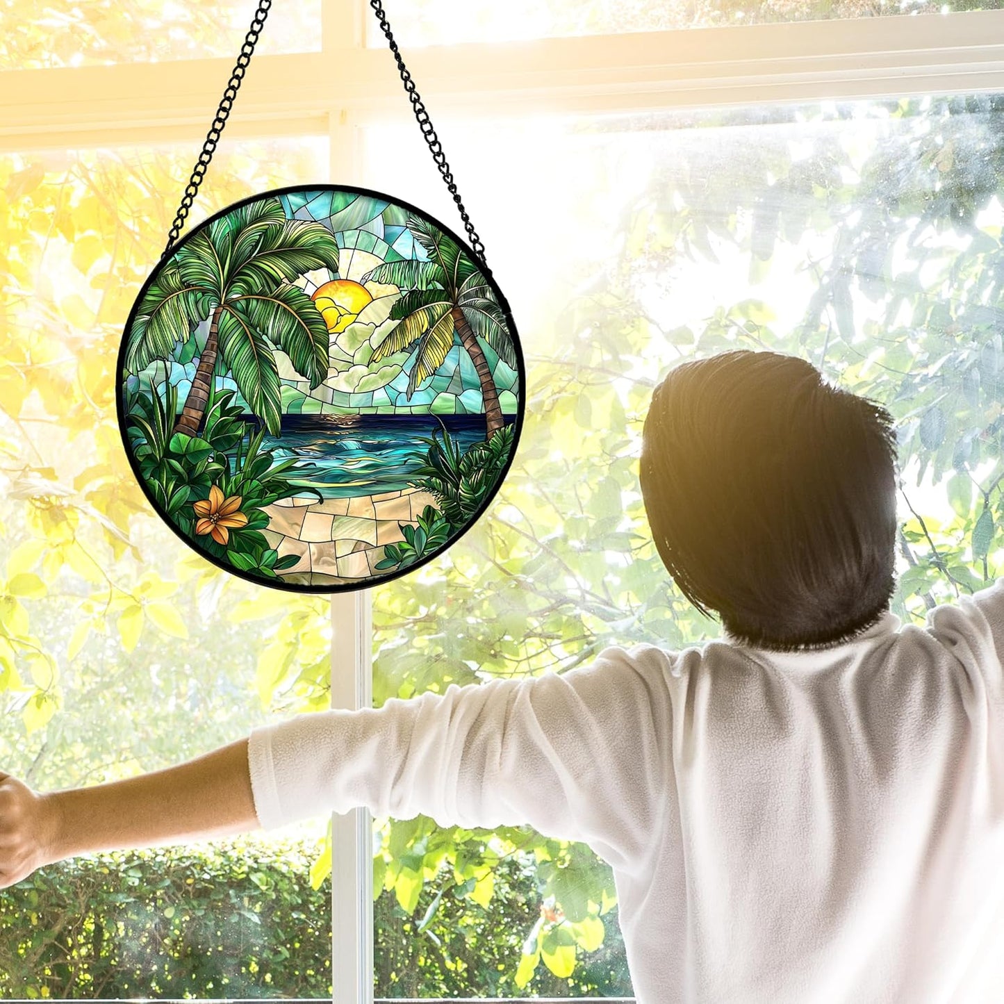 Stained Glass Window Hanging, Green Beach Scenery Suncatcher Diamond Glass Panel Hangings Sun Catchers Decor for Birthday for Women, Men, Wife, Aunt, and Mom 7.8 in