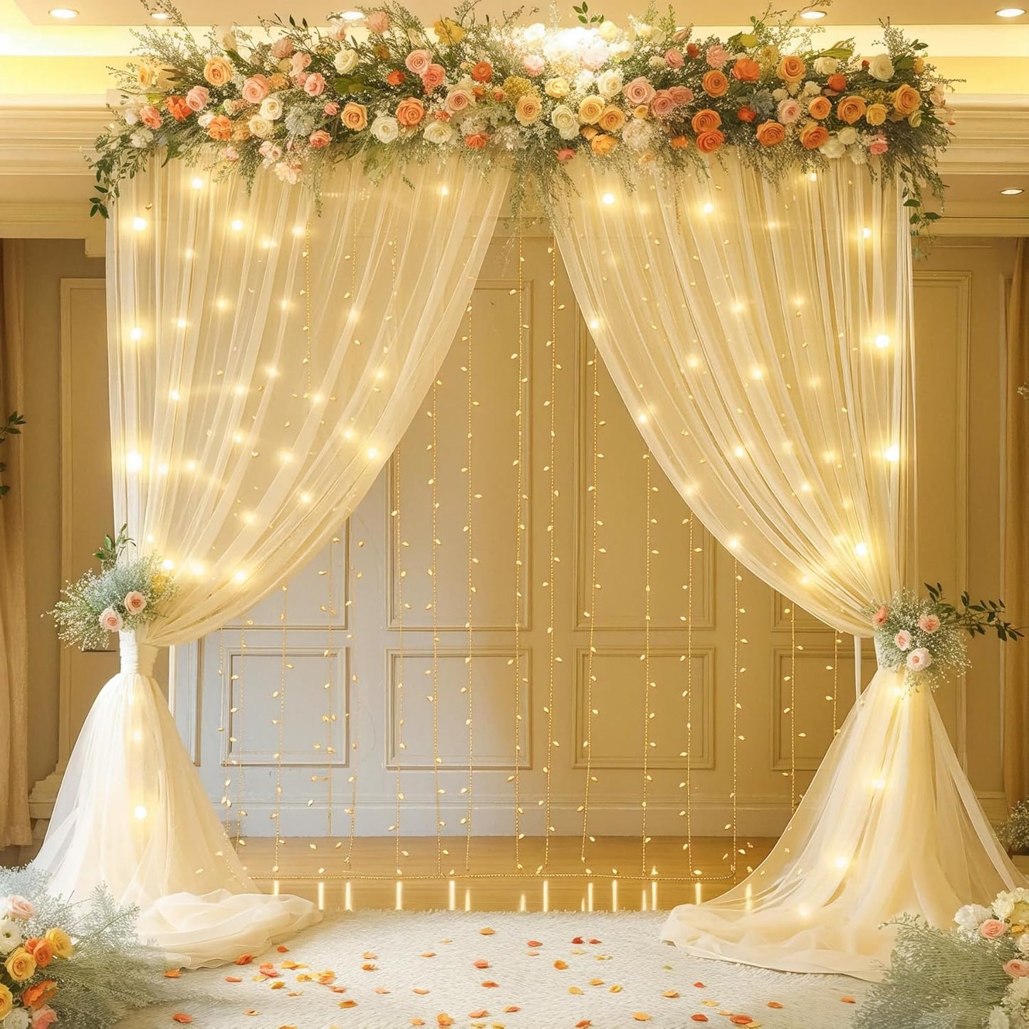 10ft x 8ft Champagne Sheer Tulle Backdrop Curtains with Lights String Wedding Backdrop for Reception Ceremony Birthday Party Baby Shower Photo Booth Background Decoration
