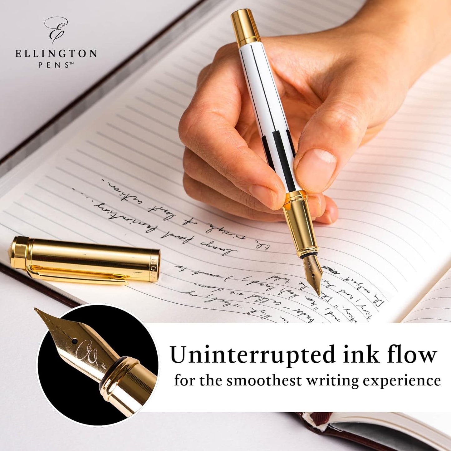 Ellington Pens Luxury Fountain Pen Set- Fountain Pens for Writing - Smooth Fine Nib - Includes Refillable Ink Converter, 3 Ink Cartridges [Black & Blue], Gift Box - Elegant Calligraphy