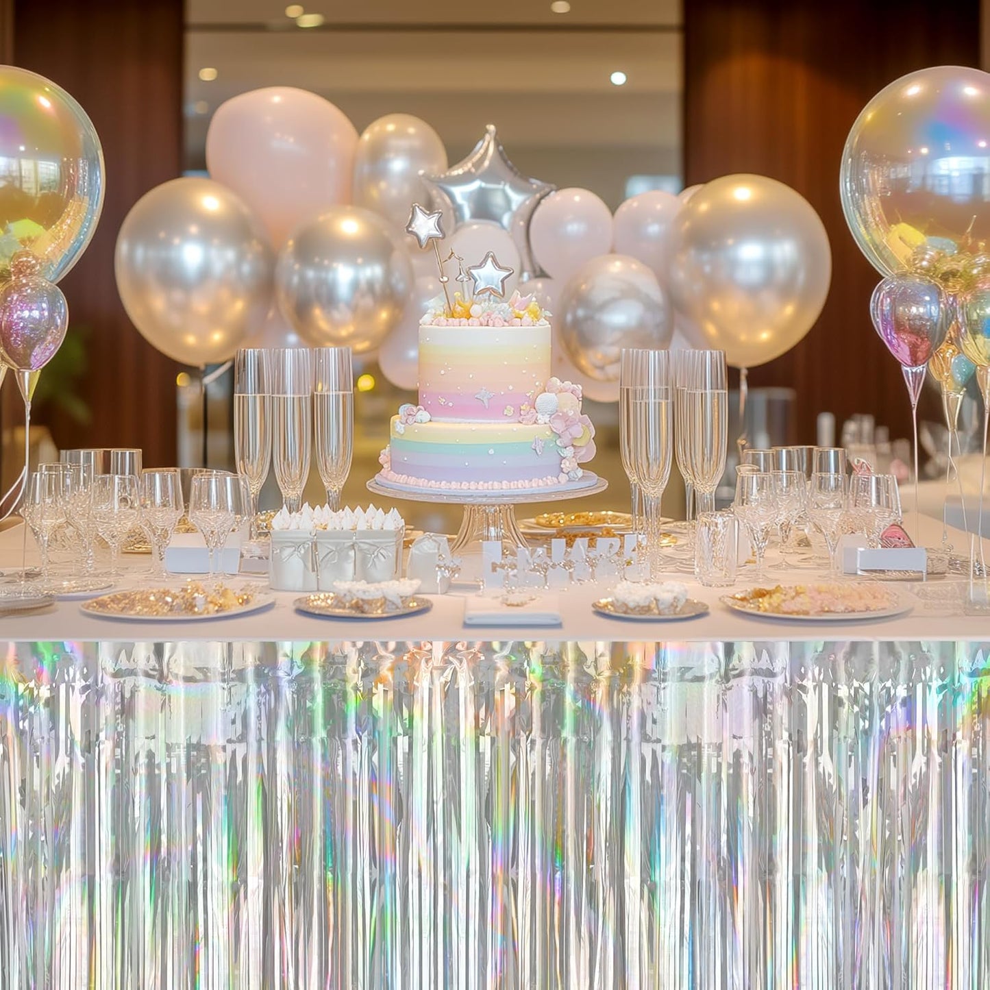 2 Pack Laser Silver Table Skirts, 29x108" Metallic Foil Tinsel Fringe Table Skirts for Rectangle Tables Streamer Curtains Backdrop, Party Decorations for Birthdays Weddings Holidays