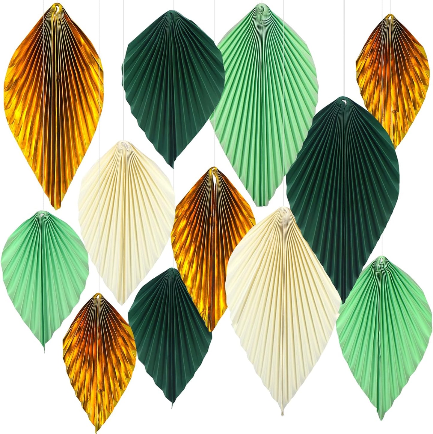 ADLKGG Green Gold Hanging Paper Leaves Wall Backdrop Decor, Paper Palm Leaves Fan Party Decorations for Forest Birthday Party Tropical Jungle Theme Classroom Decor, 12pcs