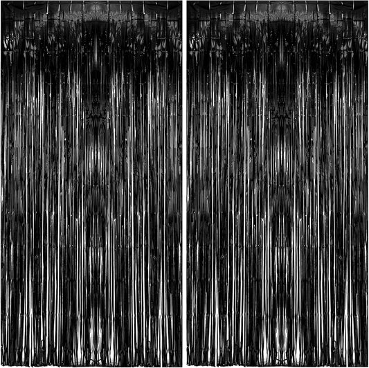 2 Pack Foil Curtain Backdrop Black Metallic Tinsel Foil Fringe Curtains Photo Booth Props for Birthday Wedding Engagement Baby Shower Bachelorette Christmas Holiday Celebration Party Decorations