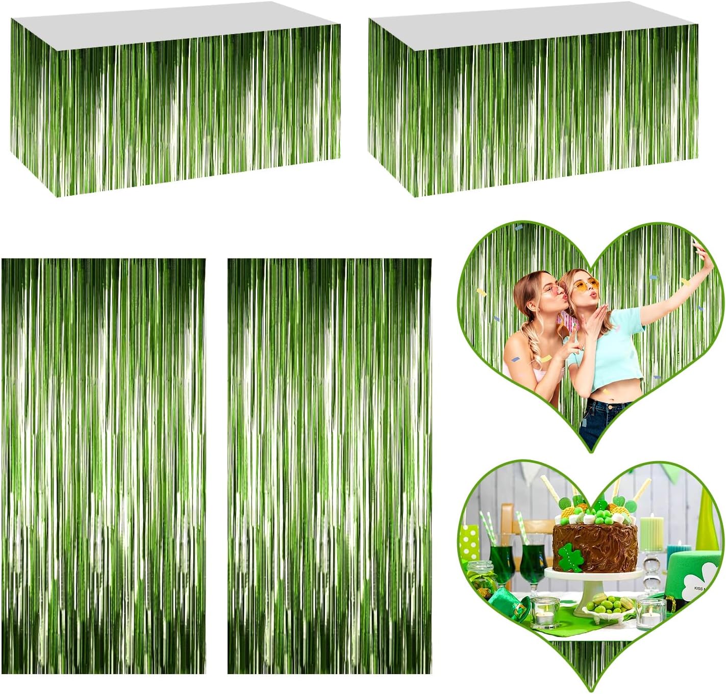 4P Metallic Foil Fringe Tinsel Table Skirts for Rectangle Tables Backdrop Banner Streamer Garland Curtains for Parade Floats Wedding Graduation Anniversary Birthday Parties Decoration (Light Green)