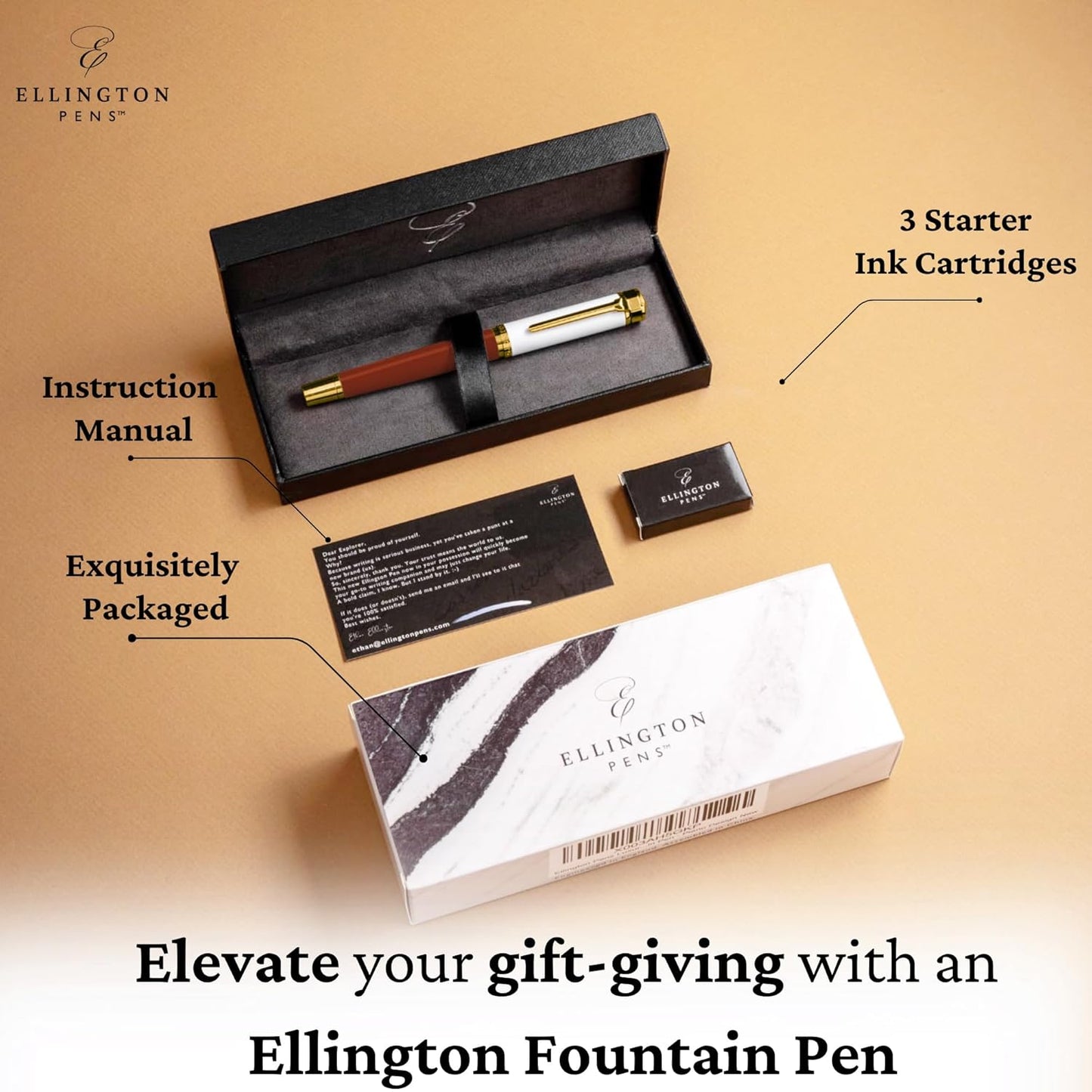 Ellington Pens Luxury Fountain Pen Set- Fountain Pens for Writing - Smooth Medium Nib - Includes Refillable Ink Converter, 3 Ink Cartridges [Black & Blue], Gift Box - Elegant Calligraphy