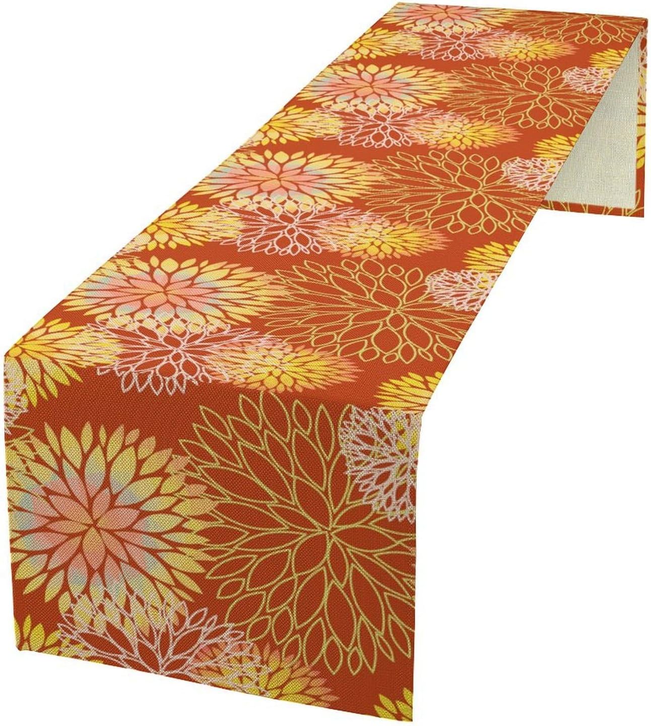 Yellow Floral Table Runner, Chrysanthemum Autumn Spring Summer Vintage Modern Linen Geometric Table Runner for Kitchen Living Room Bedroom Party Holiday, 13x60 Inch