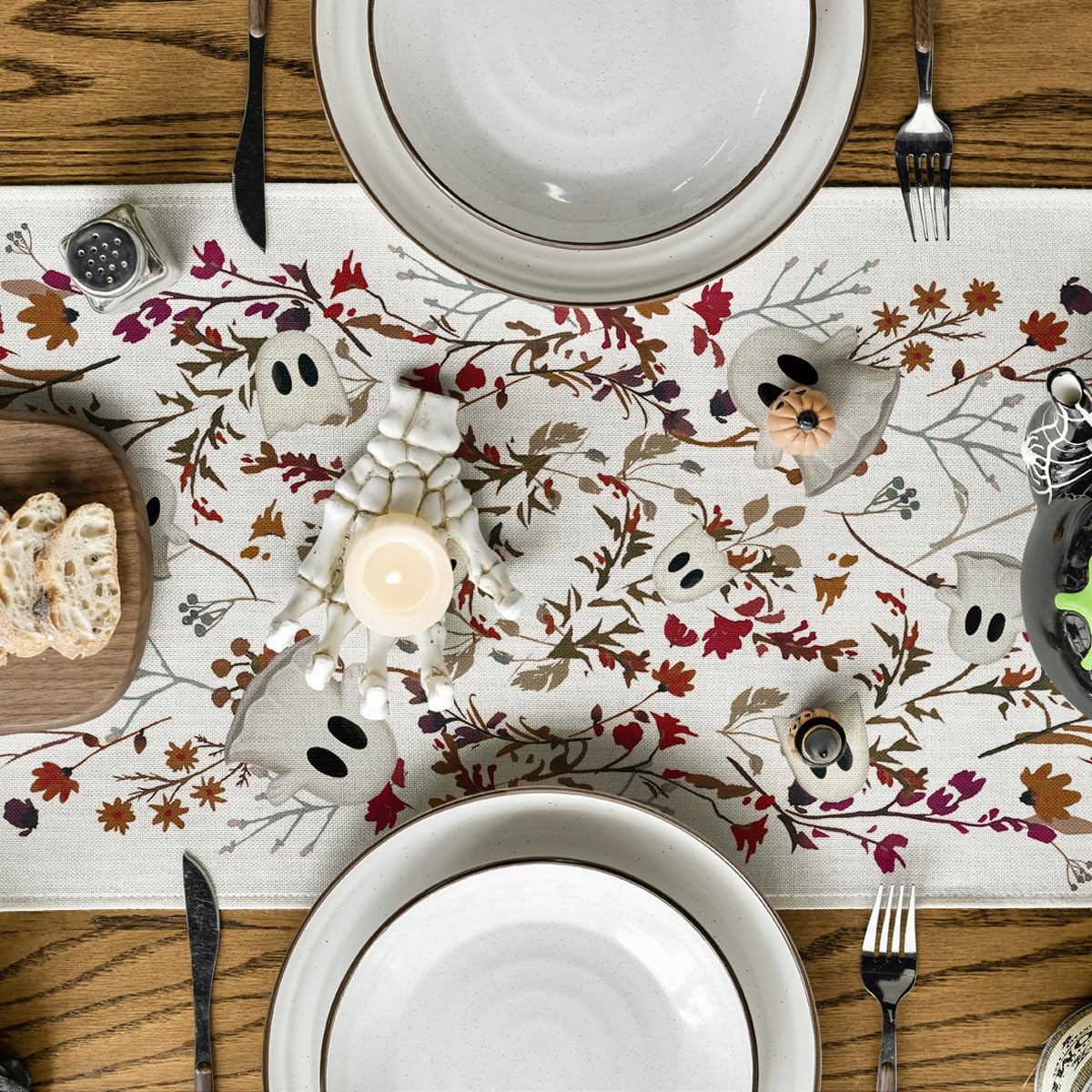 Artoid Mode Ghost Flowers Leaves 210 GSM Halloween Table Runner,Seasonal Fall Kitchen Dining Table Decoration for Home Party Decor 13x60 Inch