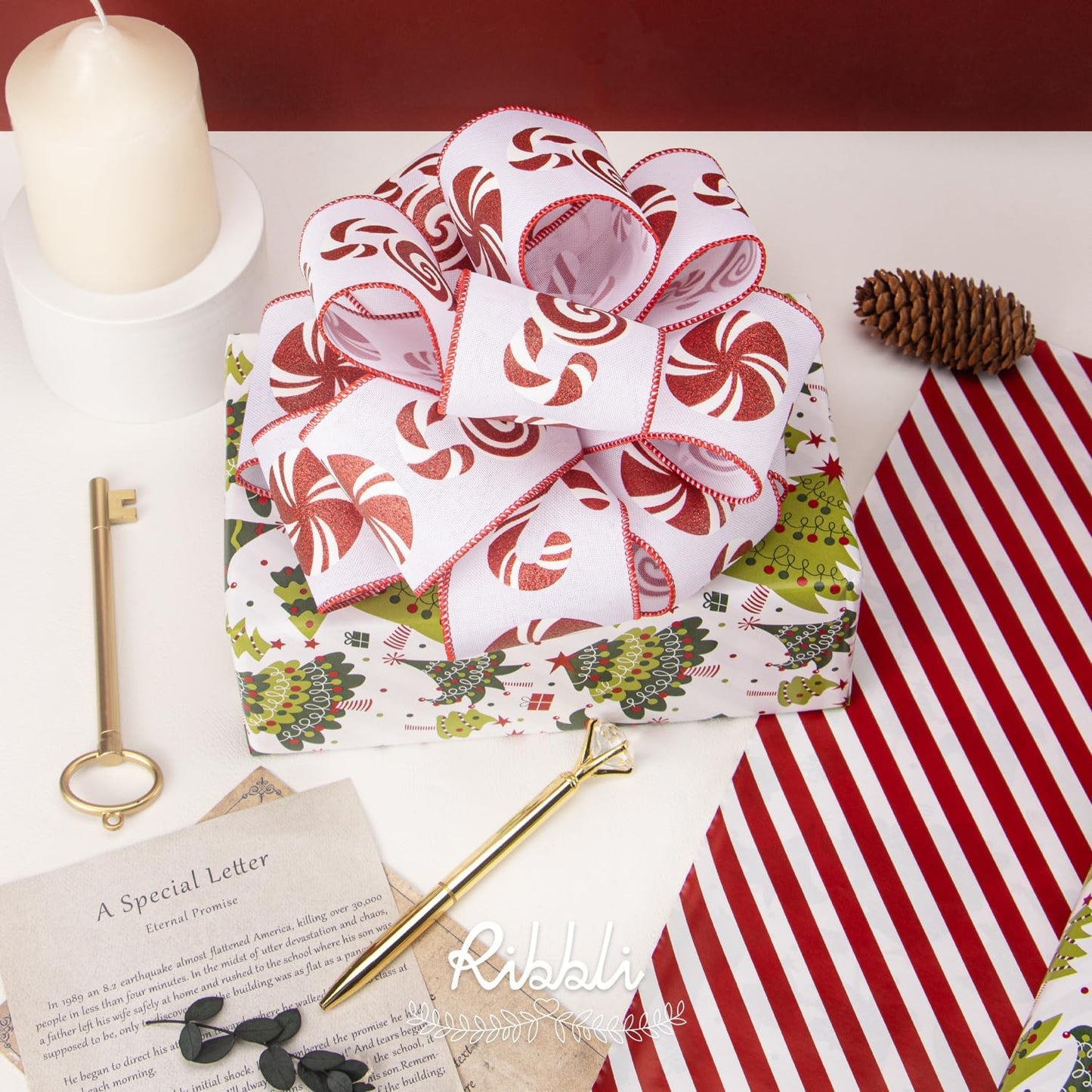 Ribbli Christmas Wrapping Paper Reversible Christmas Tree and Red White Stripe Gift Wrapping Paper-17 Inch x 33 Feet Per roll