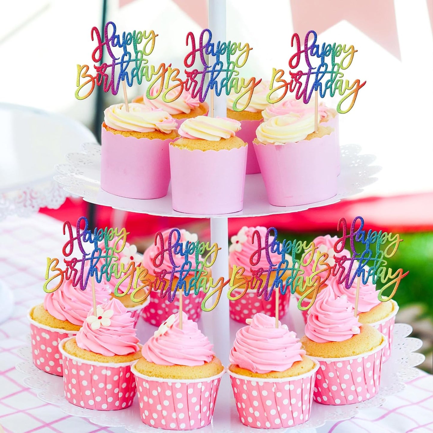24 PCS Glitter Cupcake Toppers - Happy Birthday & Anniversary Picks for Celebrating Parties - Colorful