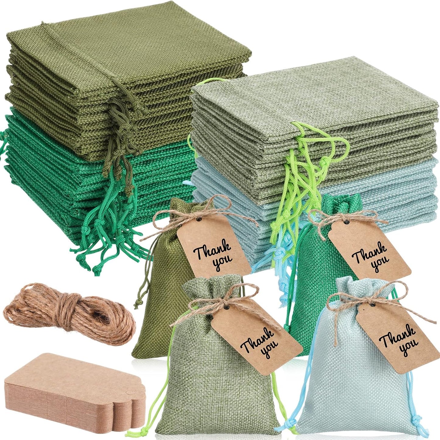 Woanger 100 Pcs Burlap Gift Bags with 100 Pcs Kraft Paper Gift Tags Drawstring Favor Bulk Burlap Sack Bags for DIY Wedding Party Craft(4 x 6 Inch,Mint, Grass, Army, Dark Green)