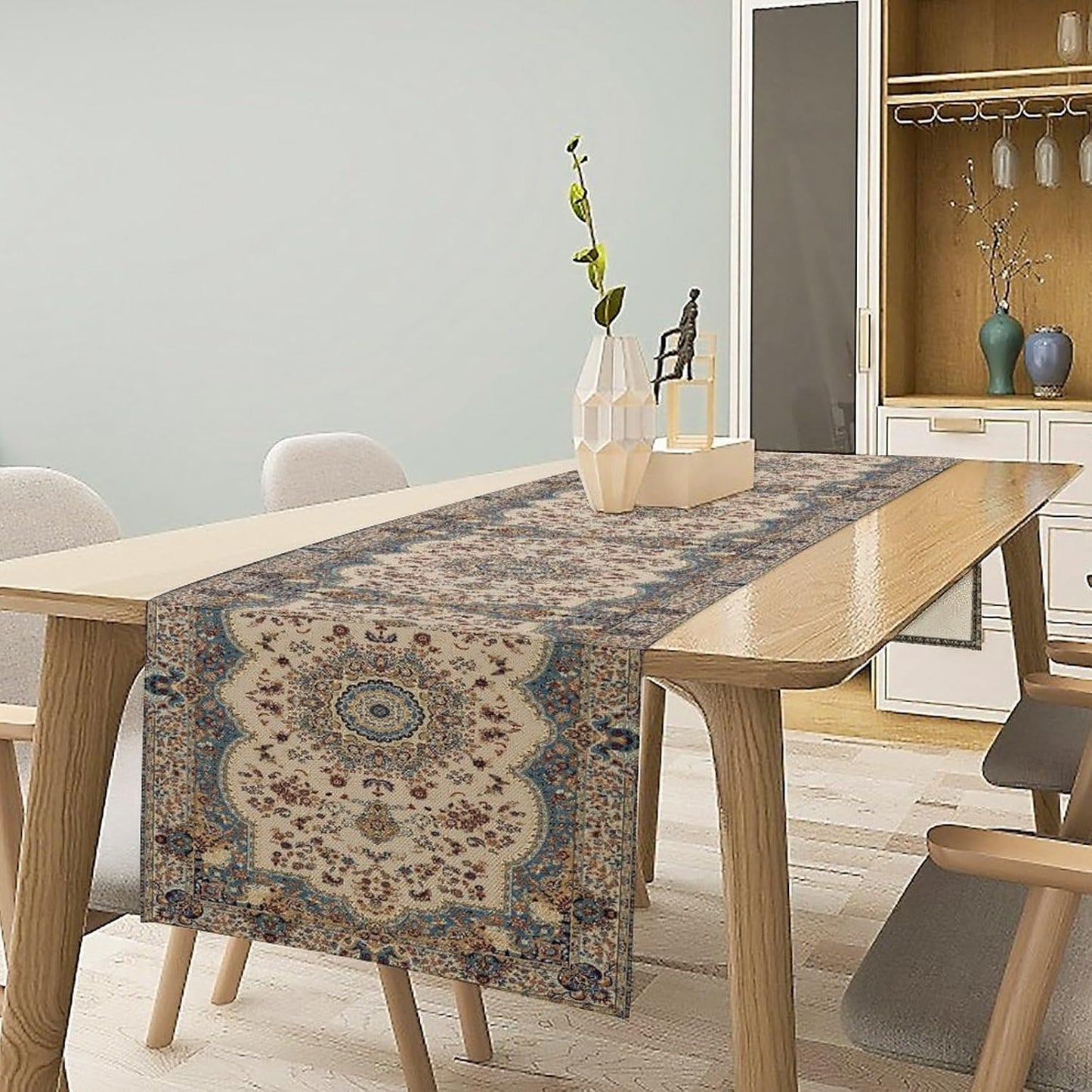 Boho Bohemia Style Table Runner, Vintage Blue Teal Gold Retro Flower Rustic Country Style Floral Print Pattern for Home Kitchen Table Decor Dining Coffee Room Garden Party Decor 13x90in