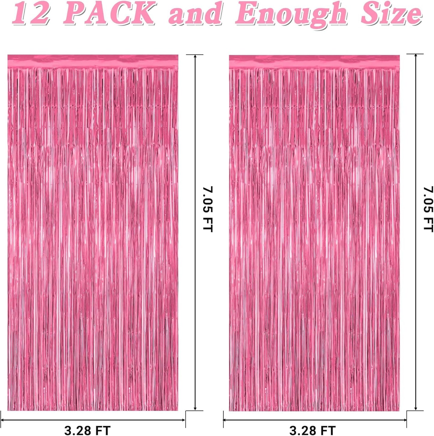 12 Pack Pink Backdrop, 3.28 FT x 7.05 FT Foil Fringe Curtains, Metallic Pink Tinsel Curtain Party Streamer Birthday Backdrop for Girl, Brithday Decorations Bachelorette Party Supplies
