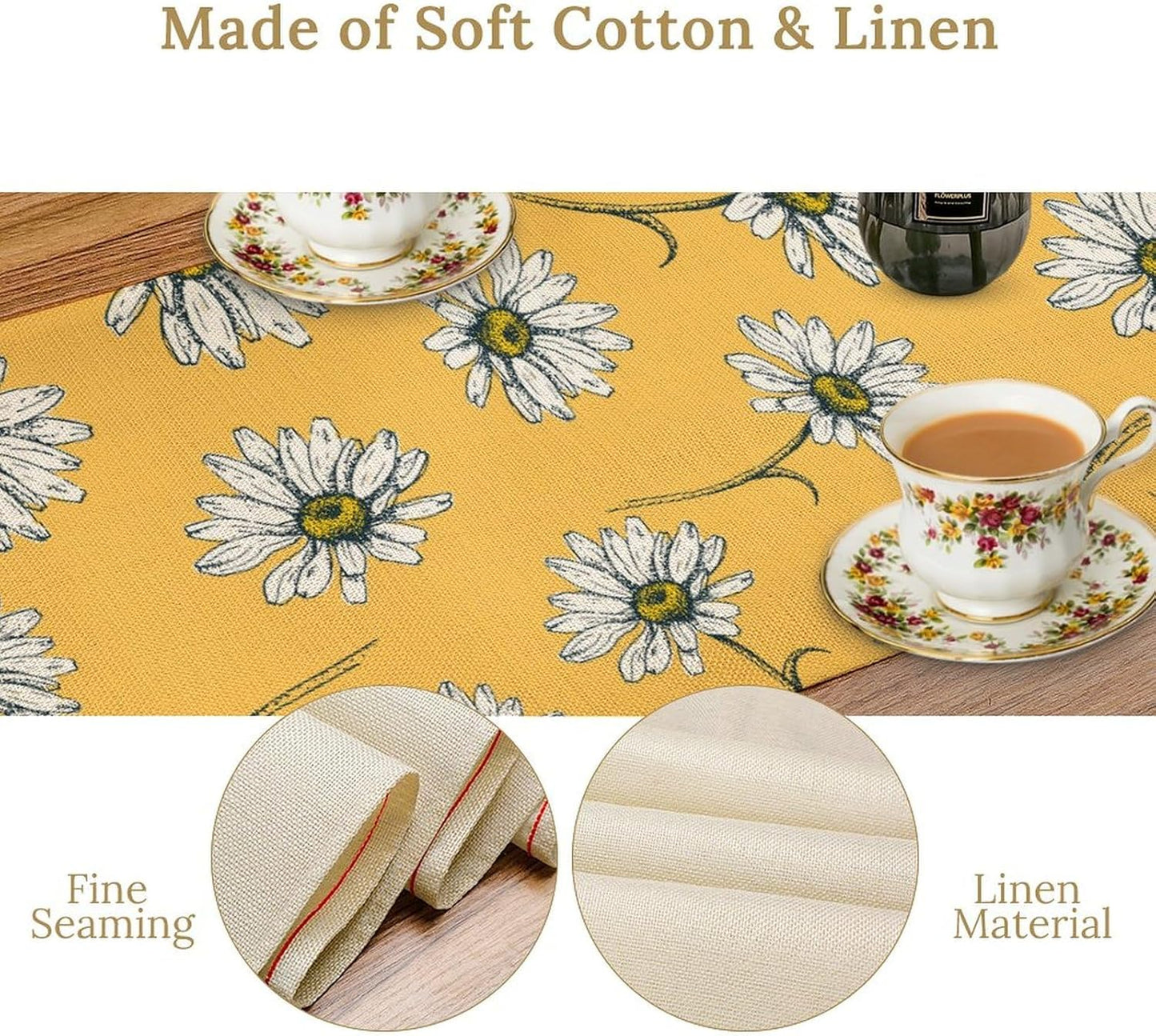 Daisy Floral Table Runner, Farmhouse Spring Seasonal Summer Teal Green White Flower Rustic Abstract Table Center Decor for Home Kitchen Dining Holiday Party Indoor Table Decorations, 13"x36" Inch