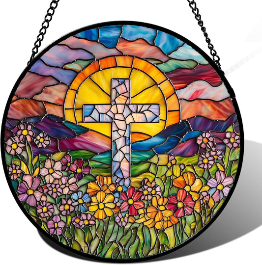 Stained Glass Window Hanging - Cross Flower Sea Sun Catcher for Door Terrace Garden Home Decor, Mountains Landscape Suncatcher Birthday Gifts for Lovers Women Men Dad Mom Nana 11.8 in