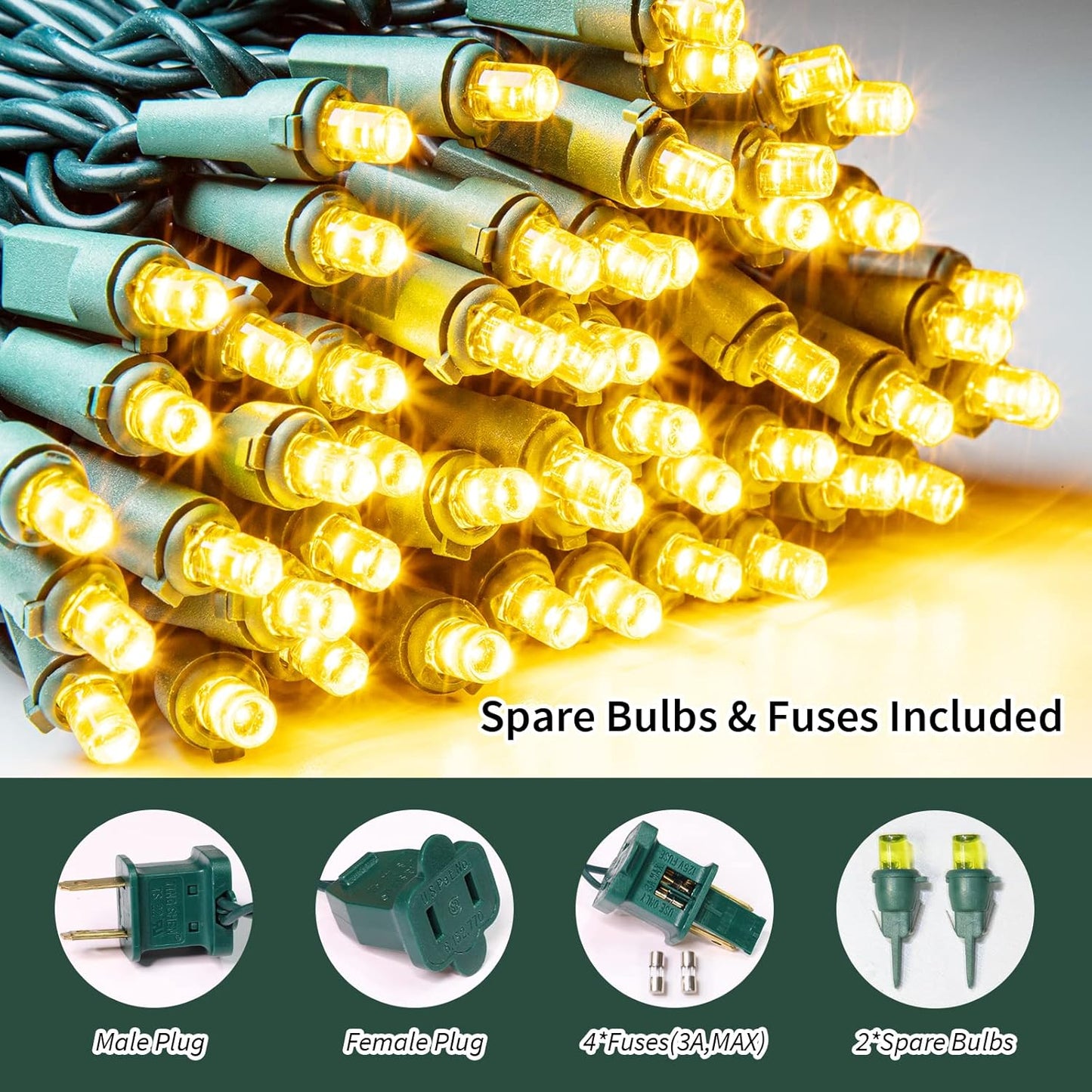 Yellow Wide Angle LED String Lights, 64.8 Ft 300 Count, Pack of 3 Strands 21.9 Ft 100 Lights UL Certified Commercial Grade Green Wire 5mm Holiday String Light