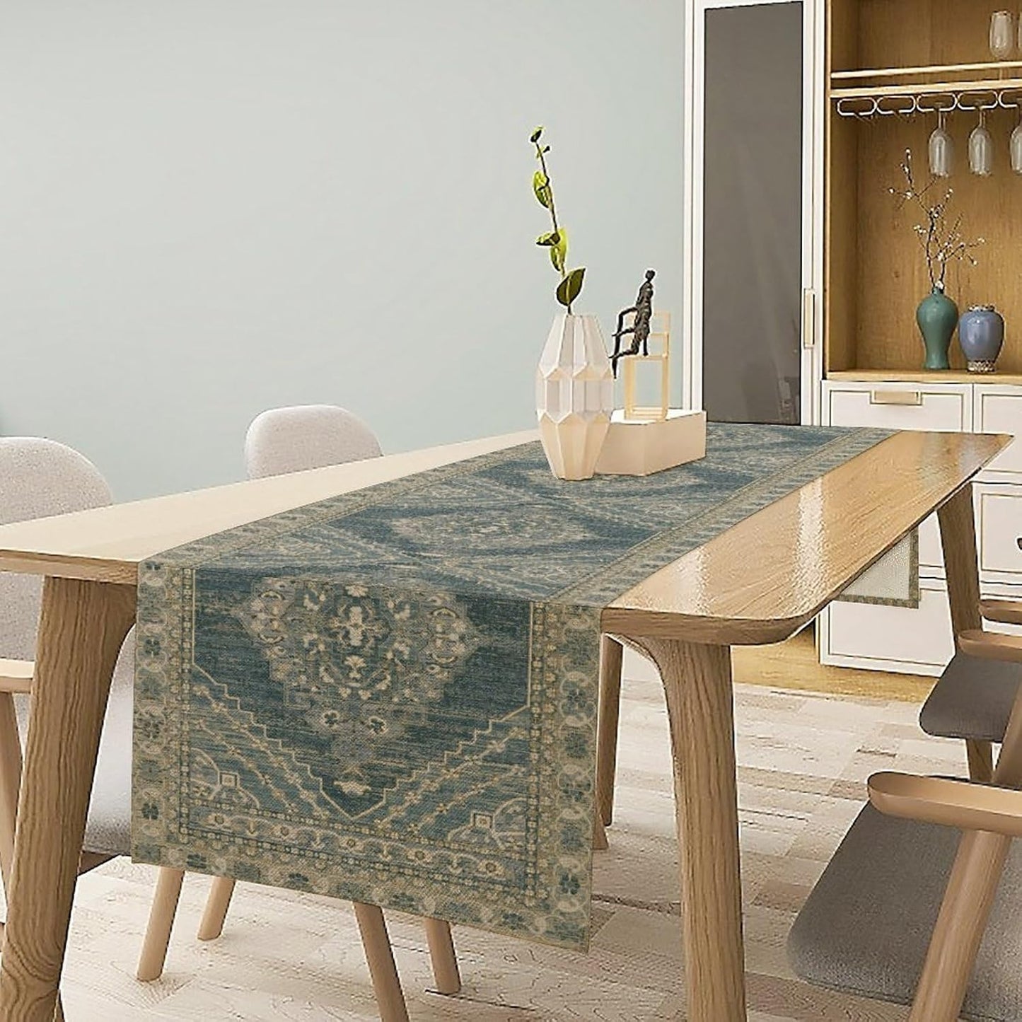 Boho Floral Vintage Table Runner, Blue Teal Retro Flower Rustic Country Farmhouse Pattern for Home Kitchen Table Decor Dining Coffee Room Party Decor 13x60in