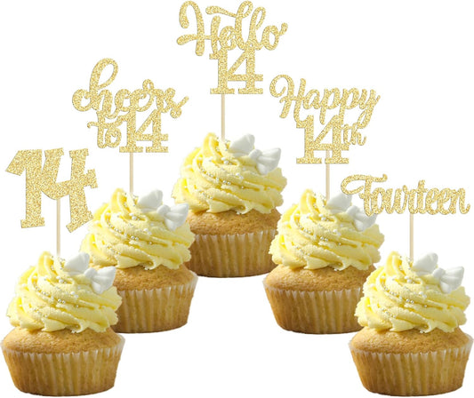 30Pcs 14th Birthday Cupcake Toppers Hello 14 Cupcake Picks Fourteen Cheers to 14 Years Old Cake Decorations for 14th Birthday Anniversary Party Supplies Gold Glitter